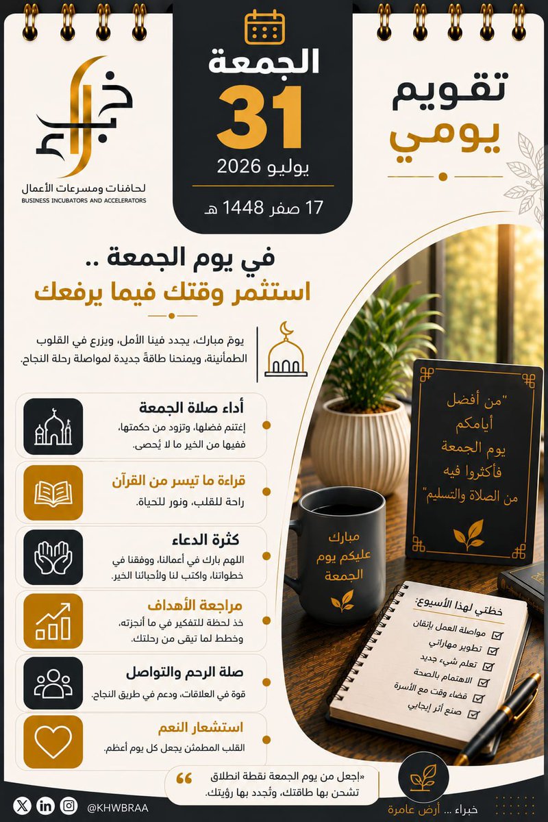 easternr4pr's tweet photo. الجمعةُ نَفَحَةٌ من الجنة، وفيها ساعةُ إجابةٍ لا يُرَدُّ فيها دعاء.

فأكثروا من الصلاة على النبي ﷺ، وادعوا بما تتمنون، فالدعاء فيها أقرب للإجابة.

#خبراء
#السعودية_العظمى 
#نحلم_ونحقق 
#ارض_عامره 
و #الوعد2030 https://t.co/3Fo70vB5fk