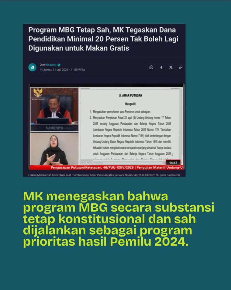 eghoishe's tweet photo. mk menegaskan bahwa program mbg secara substansi tetap konstitusional dan sah dijalankan sebagai program prioritas hasil pemilu 2024
BGN Bersih Bersih
#MBGTetapKonstitusional https://t.co/FqrnpIokHI