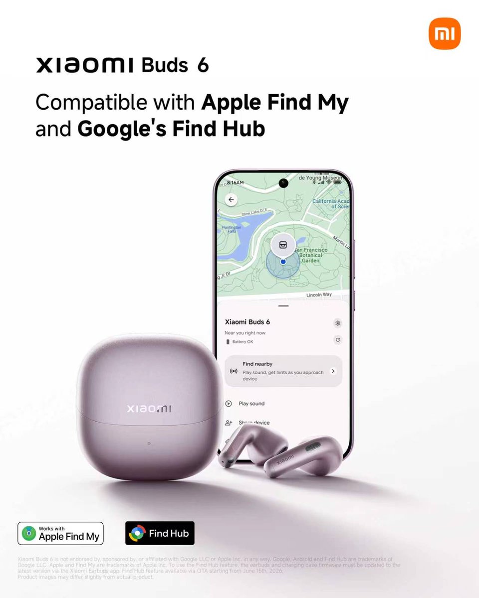 XiaomiUK's tweet photo. Smarter listening starts here.

Now with added peace of mind through Apple Find My and Google’s Find Hub compatibility.

This is Xiaomi Buds 6. https://t.co/P7V1LiPcIa