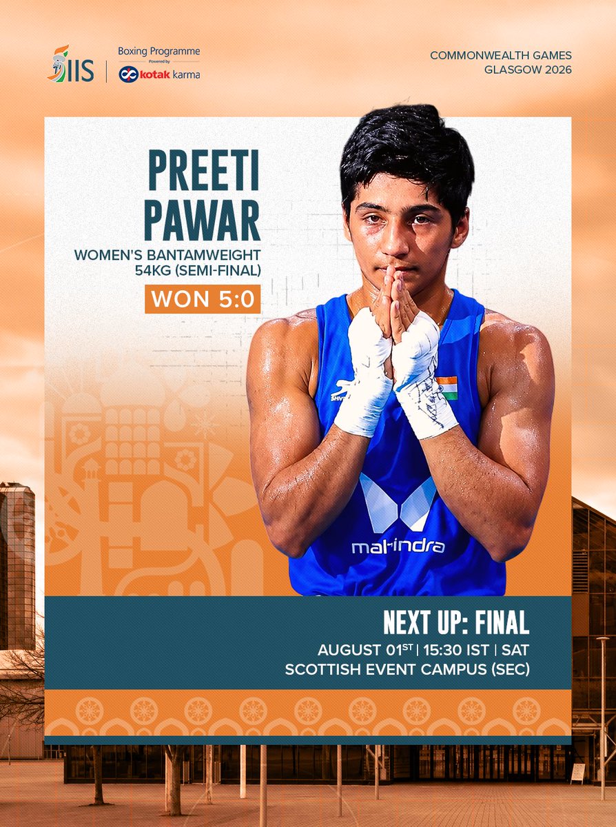 IIS_Vijayanagar's tweet photo. PREETI PAWAR IS THROUGH TO THE FINAL! 🔥

Preeti Pawar defeats Catherine Mwape 5️⃣–0️⃣ in the Women's Bantamweight (54kg) Semi-finals at the Commonwealth Games to confirm her Silver medal. She will next face Scarlett Savannah Delgado in the final tomorrow. 🥊

One last fight. Bring home the gold. 🥇

#TeamIIS #TeamIndia #JeetegaIndia #IndianSports #CraftingVictories 🇮🇳