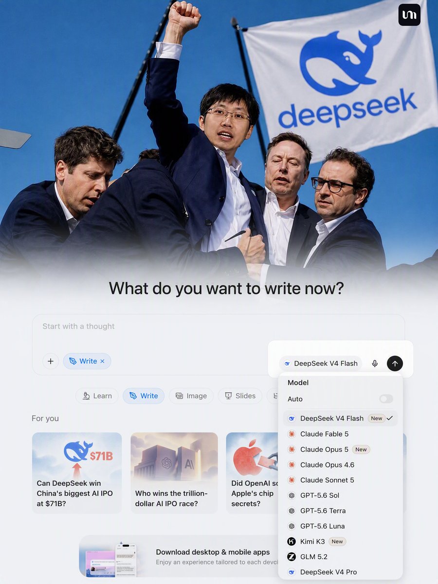 YouMind_AI's tweet photo. Heads up!

DeepSeek V4 Flash is officially on YouMind. 

The whale🐳 is once again back with a splash. https://t.co/GPi4mksjnp