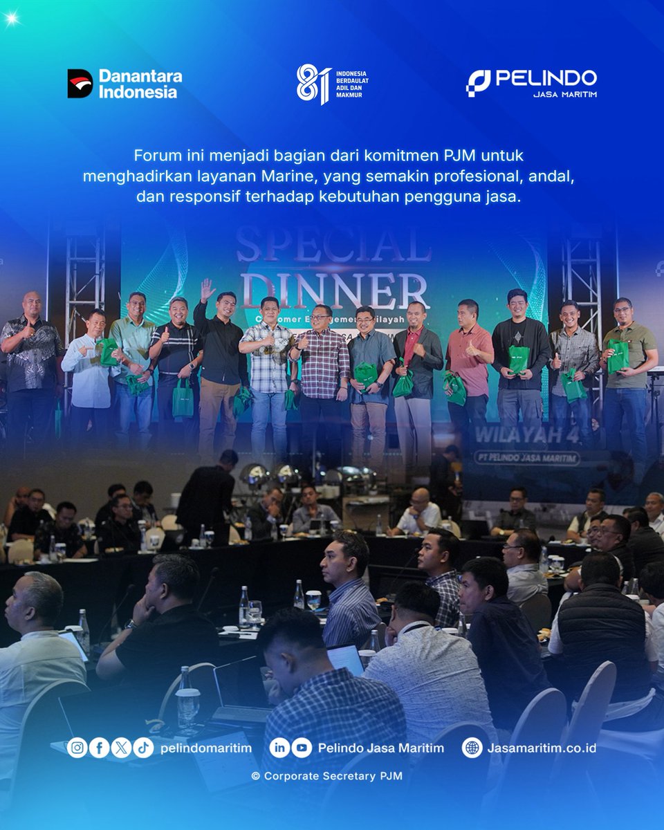 Pelindomaritim's tweet photo. Hai #SobatMaritim
Melalui Customer Engagement Wilayah 4 bertajuk "Hearing Your Needs, Understanding Your Concern", PT Pelindo Jasa Maritim membuka ruang dialog bersama pelanggan dan mitra strategis untuk menyerap aspirasi, memahami kebutuhan, serta terus meningkatkan pelayanan. https://t.co/vL8osXKeMo