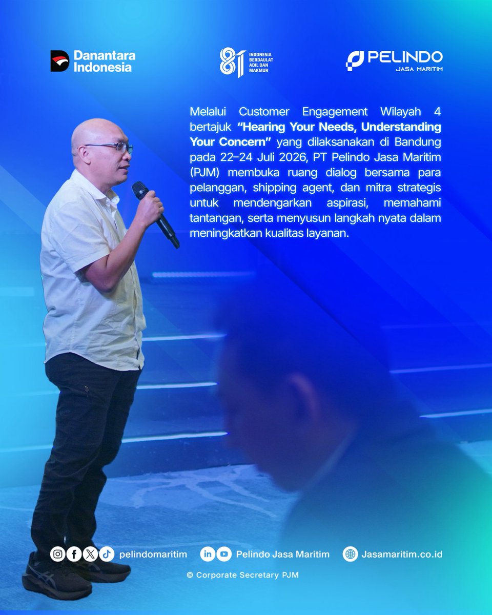Pelindomaritim's tweet photo. Hai #SobatMaritim
Melalui Customer Engagement Wilayah 4 bertajuk "Hearing Your Needs, Understanding Your Concern", PT Pelindo Jasa Maritim membuka ruang dialog bersama pelanggan dan mitra strategis untuk menyerap aspirasi, memahami kebutuhan, serta terus meningkatkan pelayanan. https://t.co/vL8osXKeMo