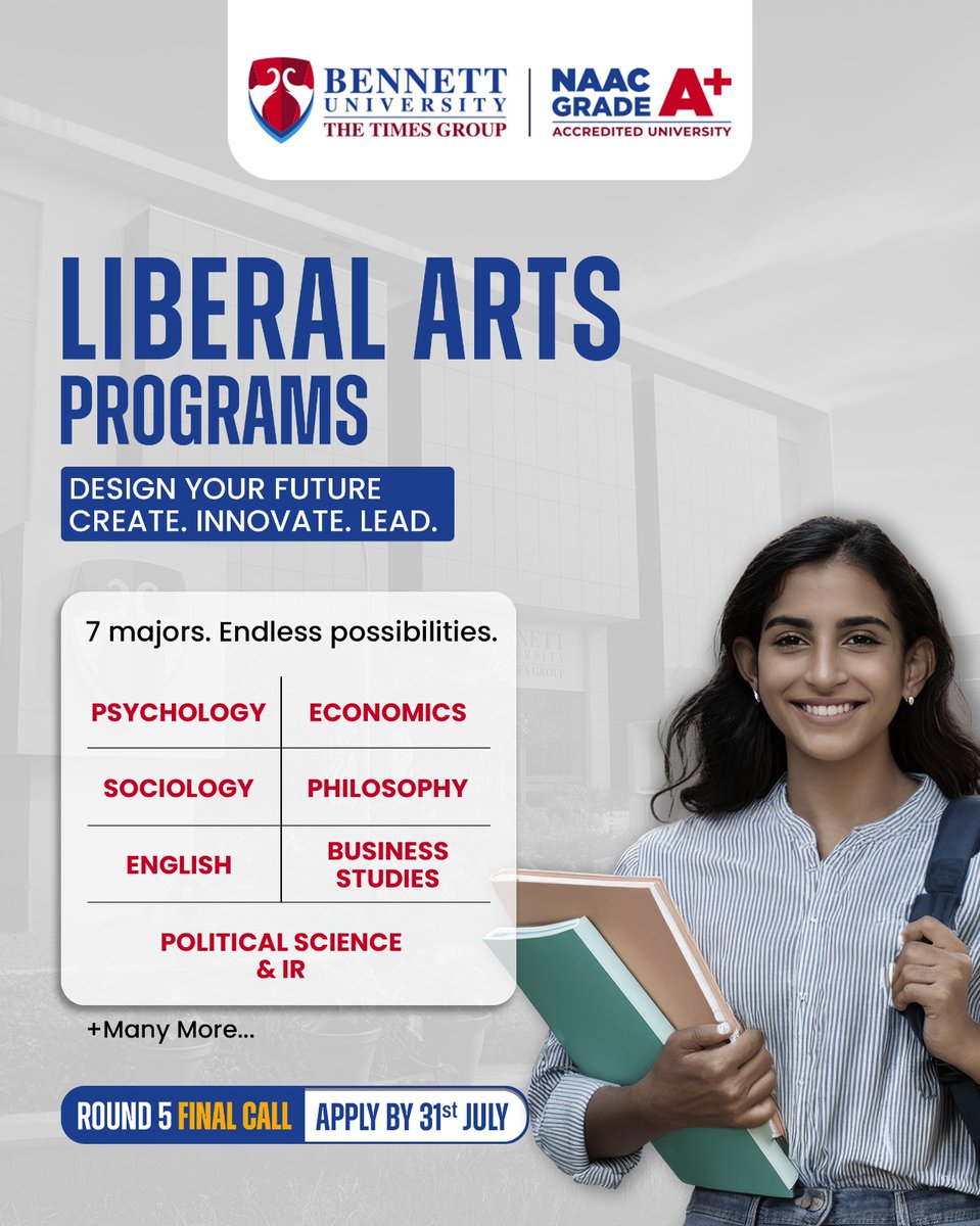 bennettuniv's tweet photo. At Bennett University's Liberal Arts programs, you can explore diverse disciplines, think critically, solve real-world challenges, and build the skills needed to lead in a rapidly changing world.

Apply by 31st July: https://t.co/gMsBLFWL2l

#BennettUniversity #LiberalArts https://t.co/2xspSmWQvO