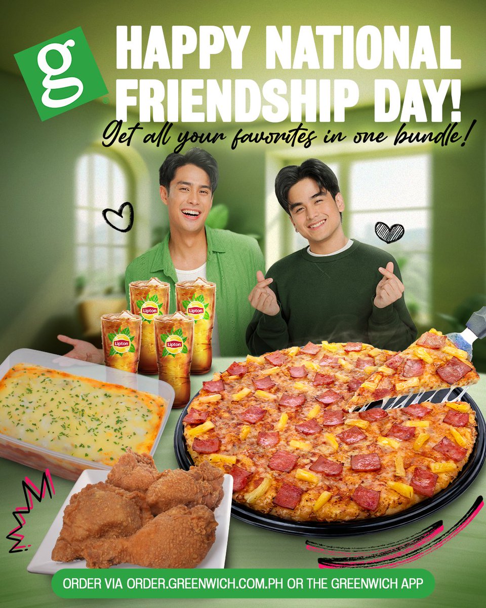 greenwichpizza's tweet photo. Celebrate National Friendship Day with the Greenwich Pizza Group Combo for only P999! Packed with everyone's favorites, so no one gets left out. 💚 Order now at https://t.co/HqCcXidDuQ or via the Greenwich app.

Sino nasa Pizza circle mo? Tag them below! https://t.co/zlZpdVBX4o