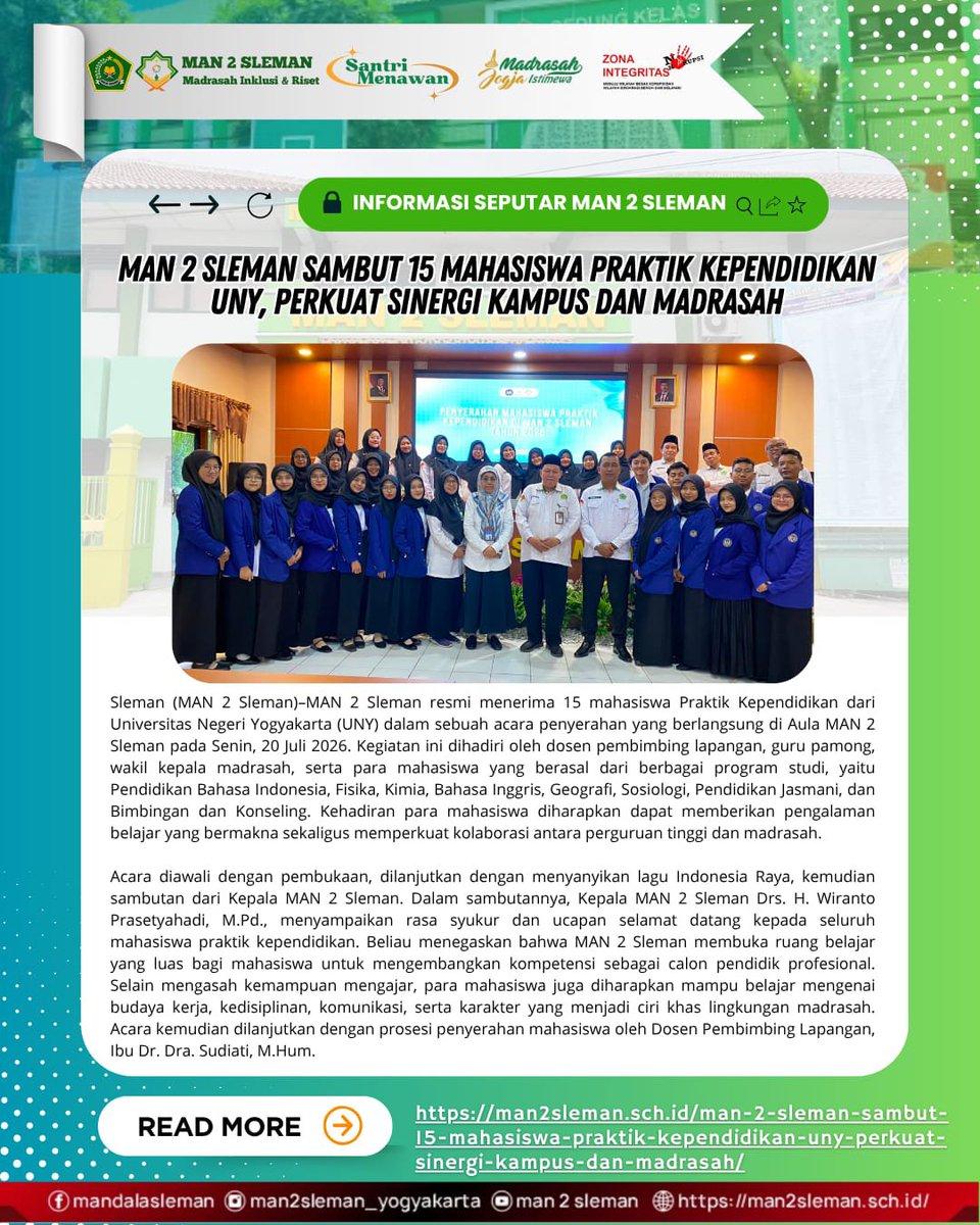 MAN2Sleman2's tweet photo. 📰MAN 2 Sleman Sambut 15 Mahasiswa Praktik Kependidikan UNY, Perkuat Sinergi Kampus dan Madrasah ✨

Baca berita selengkapnya di https://t.co/v3KXU4c5qB
#BeritaMAN2Sleman https://t.co/Nu0ffRHWuI