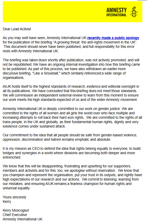 ScotLesbians's tweet photo. Amnesty UK have today apologised to their activists for the 'anti-rights' and 'Like a Snowball' reports. https://t.co/VY3HLohBTO