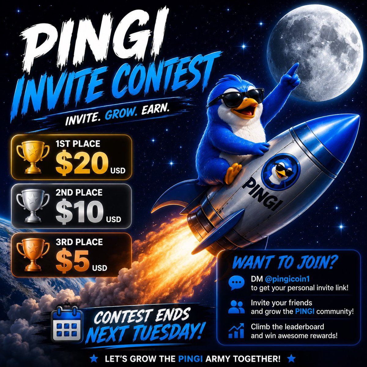Pingicoin_'s tweet photo. 🚀 PINGI Invite Contest is LIVE! 🚀

Want to help grow the PINGI community and win rewards? 🔥

Invite your friends and bring new members to our Telegram group using your personal invite link.

🏆 Prizes:
🥇 1st place — $20 USD
🥈 2nd place — $10 USD
🥉 3rd place — $5 USD

To join the contest, send me a DM on Telegram:
📩 @pingicoin1

You will receive your own unique invite link to track your invites.

⏳ Contest ends next Tuesday!

Good luck everyone — let’s grow the PINGI army together 🐧🚀

Join the Group⬇️
https://t.co/gFutfK7WRx