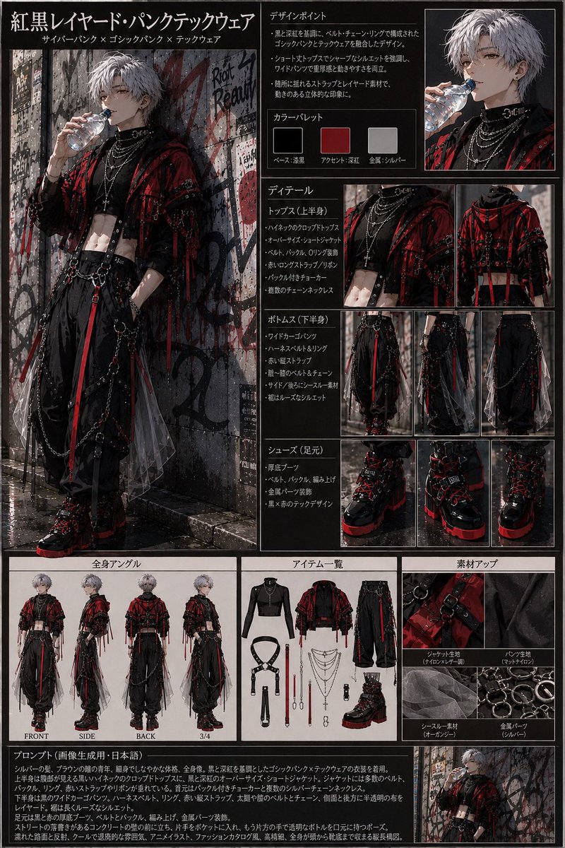 kaocomiix's tweet photo. 紅黒レイヤード・パンクテックウェア（日本語プロンプト）ChatGPTにて生成、Grock、Geminiでの動作確認済。PixAIでは完全に生成ランダムになります💦画像カタログのALTからコピーしてお使いください！ #AIart️️️️️️️️️️️️️️️️️️️️️️️️️️️️️️️️️️️️️️️️️️️️️️️️️️️   #AIイラスト #しぐこれ