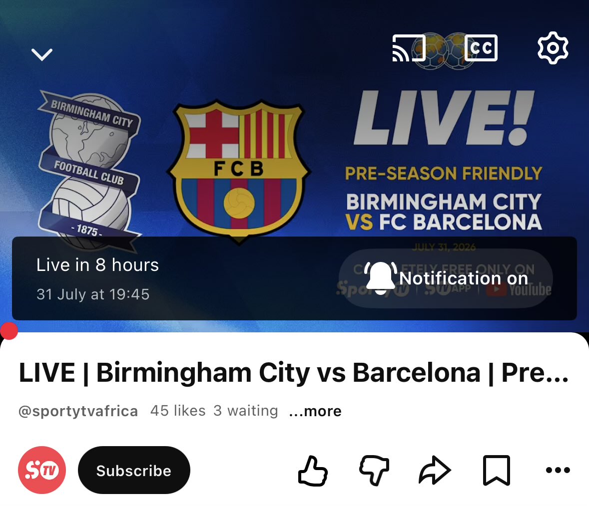 chaaliiykay's tweet photo. barça fans, you can watch the preseason game on sportytv youtube channel. https://t.co/zmbBCum1mM