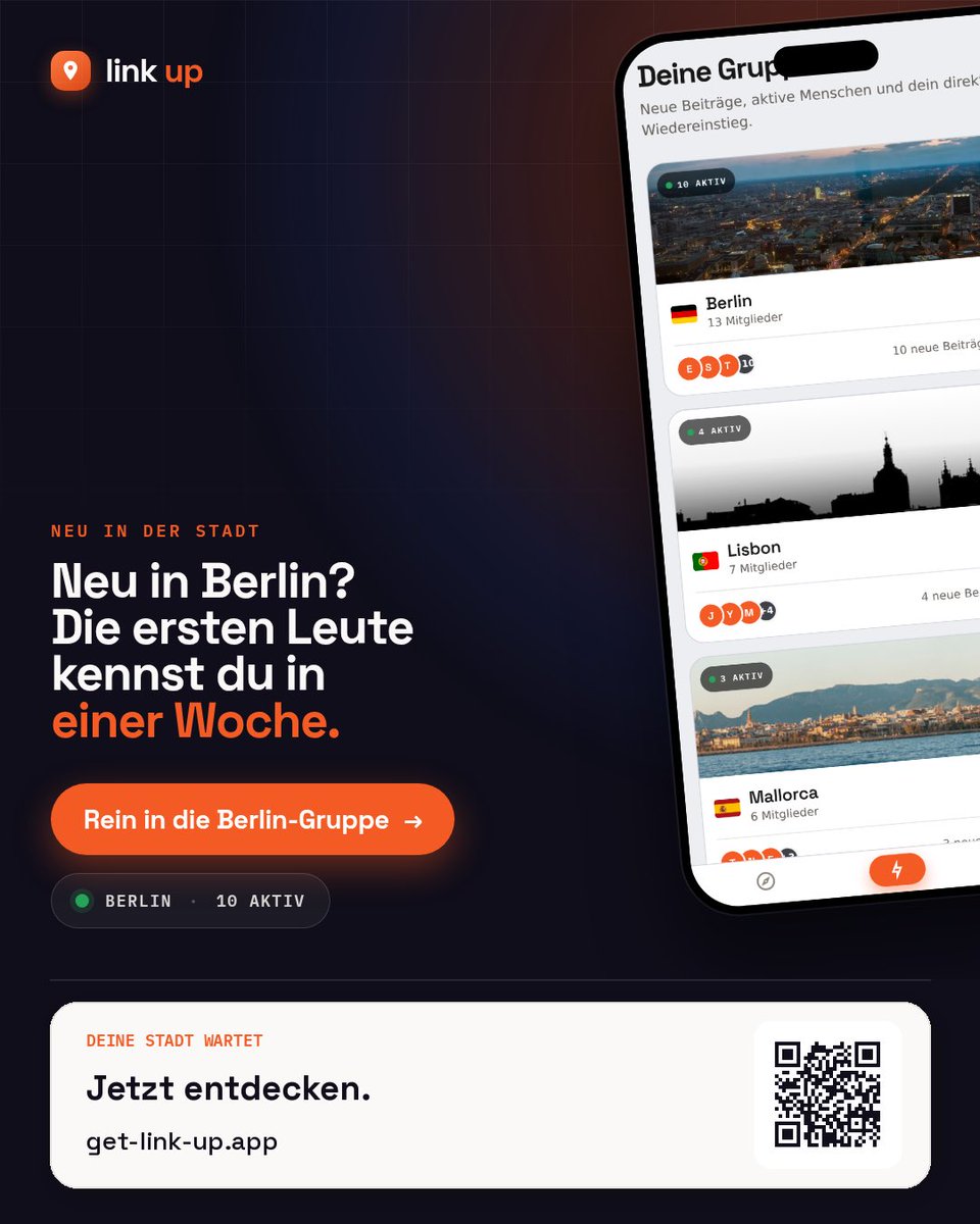getLinkUpApp's tweet photo. Neu in #Berlin heißt nicht, lange allein bleiben zu müssen.
Entdecke echte Spots, tritt deiner Stadtgruppe bei und finde heraus, was diese Woche geht.
Willkommen in der Stadt. → https://t.co/VTVQmxmDmw
#LinkUp #connectpeople https://t.co/VVAHsYg4ct