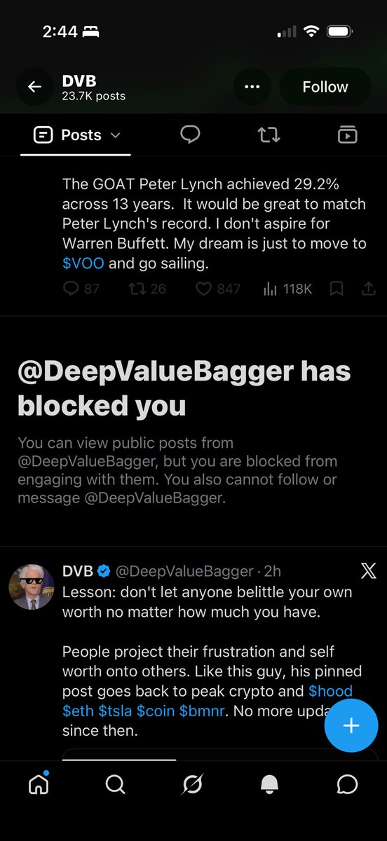 flawssy's tweet photo. If it isn't obvious, you're completely missing the plot.

This "ex-Senior Exec Tech" aka DeepValueBragger guy who calls people that won't pay for his $5 sub "brokies" has been on a roll trying to humiliate other FinX accounts ever since he hit his "fatFIRE" target. My comments were only targeted at him bc of the way he's been talking down on others. Tossing salt on others wounds after the fact that things had happened is toxic af and easy to say, but also just a huge turn off. Bragging is one thing, but bragging AND hating on others is sad as hell. He has a huge ego and I just gave a taste of his own medicine.

The dude markets himself as a Peter Lynch 2.0 and DFV (@TheRoaringKitty) combo but completely lacks the persona to be anywhere near them. That's more likely the reason why he has no subs. He's full of pity and hate. Lol dude really just needs his ego struck.

Of course he just blocked me even tho I never followed him to begin with. 😂