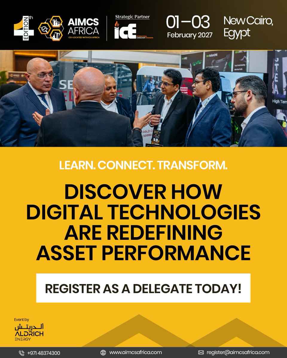 AIMCSAFRICA's tweet photo. Why is digital transformation reshaping asset performance?

AI, Digital Twins, IIoT &amp; predictive maintenance are transforming asset integrity. Discover the latest at #AIMCSAfrica2027.

📍 New Cairo | 1–3 Feb 2027
🔗 https://t.co/h4fTp9NgZE https://t.co/P0J9UeyiYw
