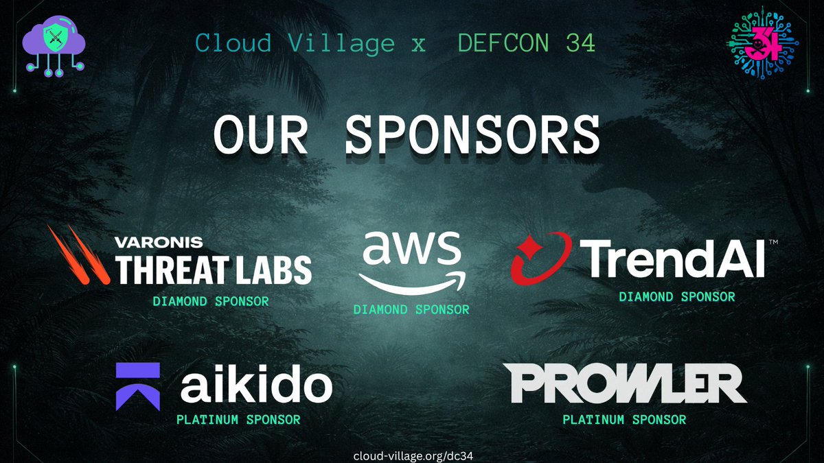 cloudvillage_dc's tweet photo. 🦕⚡️ Powering the Park! ⚡️🦖

We couldn't bring the ultimate multi-cloud experience to life at #DEFCON34 without the amazing organizations backing our containment grid. Huge thanks to our incredible sponsors for powering Cloud Village's #APEXPARK!

✨ @trendaisecurity 
✨ @varonis 
✨ @awscloud 
✨ @AikidoSecurity 
✨ @prowlercloud 

Thank you for keeping the ecosystem secure and running strong! 🚀☁️

#DEFCON34 #CloudVillage #APEXPARK #CloudSecurity #CyberSecurity #HackerSummerCamp