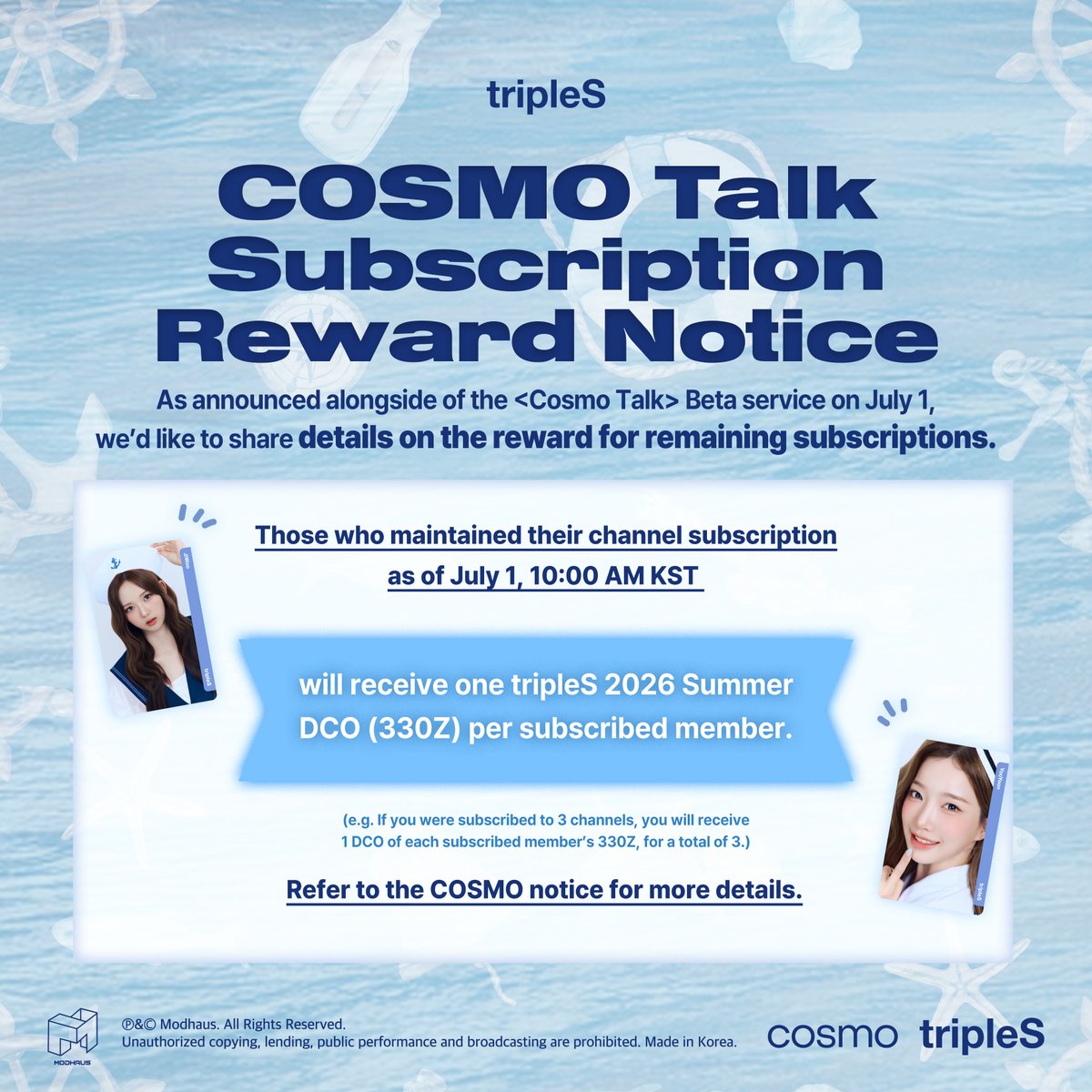 triplescosmos's tweet photo. tripleS
COSMO Talk 구독일수 보상 지급 안내

7월 1일 <COSMO Talk> Beta 서비스 무료 전환과 함께 
안내드렸던 잔여구독에 대한 보상을 안내드립니다.

자세한 내용은 COSMO 공지사항을 확인해 주세요.

🔗https://t.co/LiqWeklTOW

#tripleS #트리플에스 https://t.co/5E1Ys6iXrG