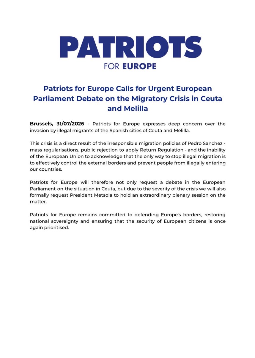 PatriotsEP's tweet photo. 🔴 BREAKING: Patriots for Europe demands an urgent European Parliament debate on the migration crisis unfolding in Ceuta and Melilla. https://t.co/M4ysop4Bgt