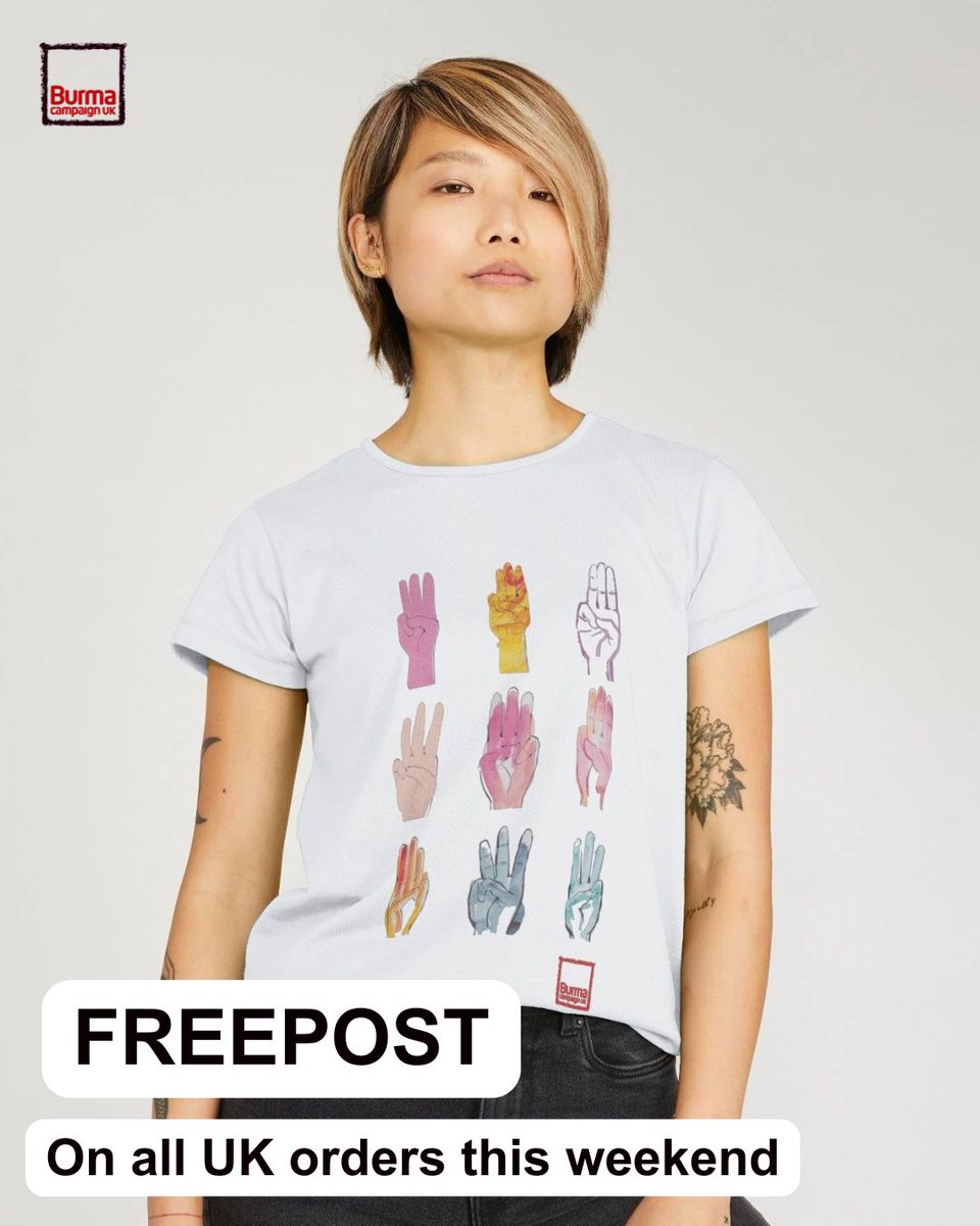 burmacampaignuk's tweet photo. You can get our popular hand salute top with free UK shipping this weekend until midnight on Sunday, no code required https://t.co/ygeEO0HNMR
Thank you to @ohn_mar_win for her beautiful artwork https://t.co/misgrv3aYQ https://t.co/nCowwsAZnT