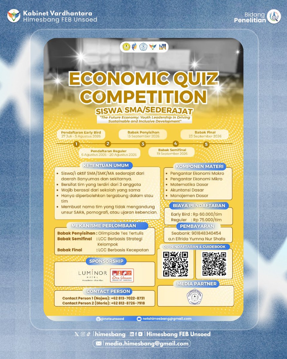 himesbang's tweet photo. [NATIONAL ECONOMIC EVENTS 2026]

Registration for ECONOMIC Quiz Competition (EQC) NETs 2026 is NOW OPEN!

#NETs2026
#NationalEconomicEvents2026
#FutureEconomy
#KabinetVardhantara
#Himesbang2026
Cek selengkapnya disini: https://t.co/LPo6g4WJ6e