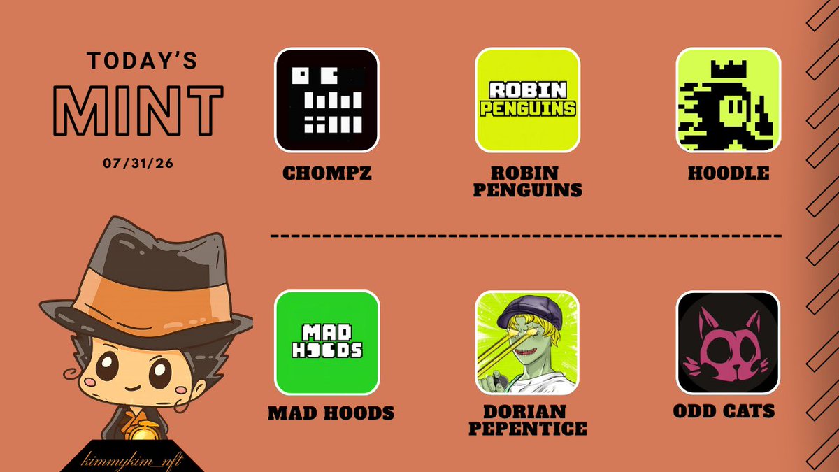kimmykim_nft's tweet photo. Today’s Mints 07/31/26

• Chompz
• Robin Penguins
• H00dle
•Mad Hoods
• Dorian Pepentice
• ODD CATS

Before reading, please note: these are just guides based on my own research. Real-time volume during mint is a major factor that can’t be predicted ahead of time. Monitor the mint as it happens and decide accordingly.

1) Chompz

Price: 0.0008eth
Supply: 999
Chain: Ethereum

Pixel Key NFTs on Ethereum. Low supply and cheap mint is not risky, however it’s just another NFT that will analyze the holder’s wallet and images will evolve based on its history. This has been tried before and there’s no demand.
Prediction: Breakeven

2) Robin Penguins

Price: GTD Free / Public 0.0002eth
Supply: 5555
Chain: Robinhood Chain

Pixel Penguin PFPs on Robinhood. Low effort posts. Cheap but nothing interesting about it.
Prediction: Breakeven to cut loss

3) H00dle

Price: WL Free / Public 0.0001eth
Supply: 10000
Chain: Robinhood

Pixel PFP mint on Robinhood. Very cheap so not risky but the supply is high and it’s just a 10-day old project. They’ve made a game so maybe they have the intention to build, however I still don’t trust them but this is a cheap gamble.
Prediction: Breakeven to cut loss

4) Mad Hoods

Price: 0.0003eth
Supply: 3333
Chain: Robinhood Chain

Another Pixel mint on Robinhood. This kinda looks like Stonkbrokers. WL gets 10 per wallet, while public mints 20 per wallet. This is obvious.
Prediction: Breakeven to cut loss

5) Dorian Pepentice

Price: Free
Supply: 10000
Chain: Robinhood Chain

Free anime/Pepe collection from a verifiable Pepe-scene artist. The art has a more credible creator signal than normal Robinhood PFPs, but this is still a high-supply.
Prediction: Small profit

6) ODD CATS

Price: WL Free / Public 0.0033eth
Supply: 5555
Chain: Ethereum

Cat PFPs on Ethereum. This is a new collection founded by demarco. The previous collection floor price is currently at 0.0026eth which is pretty low. The founder confirmed that this is not just a PFP project but a mint machine. I like the idea but it’s never proven sustainable. You'll understand if you remember Plague Labs. This is on Opensea drops so that will give them more eyes for the mint later.
Prediction: Small profit to breakeven