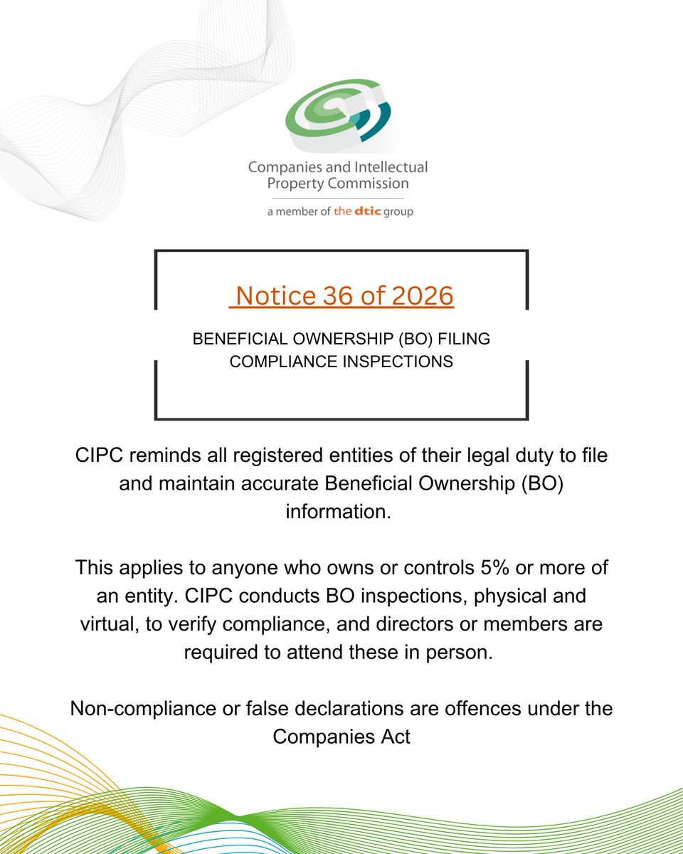 theCIPC's tweet photo. As part of its regulatory mandate, CIPC conducts Beneficial Ownership (BO) Filing Compliance Inspections to verify that entities' BO information is accurate and up to date. 

Directors or members must be personally present if selected, representatives cannot attend in their place. Keep your BO records accurate and up to date.

#CIPC #BeneficialOwnership #Compliance