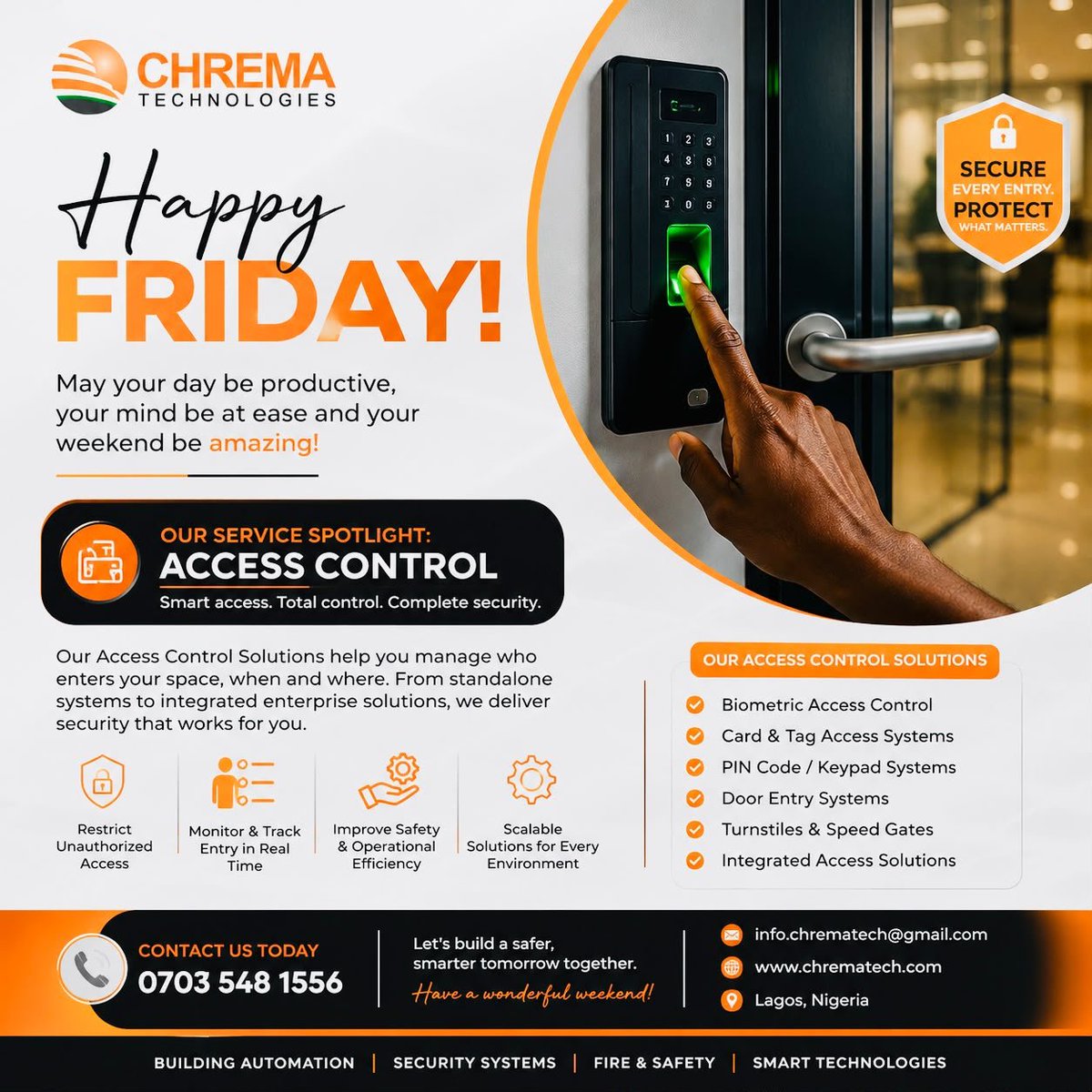 Chrematech1's tweet photo. Who has access to your facility?

Smart Access Control helps you manage who enters, when they enter &amp; where they can go—from biometrics and cards to PINs, door entry and turnstiles.

Ready for smarter security? DM us today.

#ChremaTechnologies #AccessControl #SecuritySystems https://t.co/bccU4KgMrl