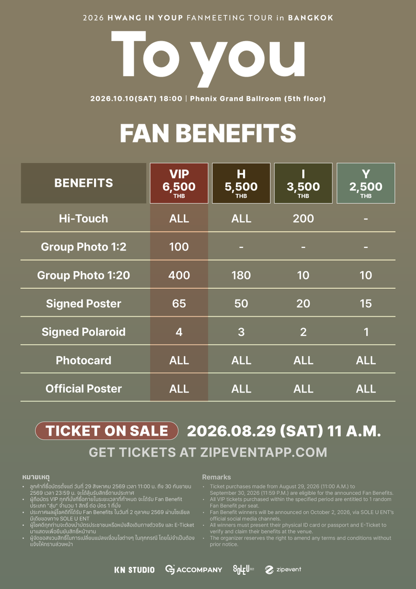 SOLEUENT's tweet photo. ✨ ผังที่นั่ง ราคาบัตร และสิทธิพิเศษ สำหรับงาน 𝟮𝟬𝟮𝟲 𝗛𝗪𝗔𝗡𝗚 𝗜𝗡 𝗬𝗢𝗨𝗣 𝗙𝗔𝗡𝗠𝗘𝗘𝗧𝗜𝗡𝗚 𝗧𝗢𝗨𝗥 <𝗧𝗼 𝘆𝗼𝘂> 𝗶𝗻 𝗕𝗔𝗡𝗚𝗞𝗢𝗞

ร่วมสร้างความทรงจำครั้งใหม่กับ "ฮวังอินยอบ" ไปด้วยกัน! 

🗓️ 2026.10.10(SAT) 18:00 
📍 Phenix Grand Ballroom (5th floor)

🎫 เปิดจำหน่ายบัตร : 29 สิงหาคม 2569 (เสาร์) เวลา 11:00 น. เป็นต้นไป 
🔗 ซื้อบัตรได้ที่ https://t.co/Swdg8f3NXR

🎟️ ราคาบัตร : 6,500 / 5,500 / 3,500 / 2,500 บาท
(ราคาไม่รวมค่าธรรมเนียมแพลทฟอร์ม และค่าบัตรพลาสติก 40 บาท)

หมายเหตุ :
- จำกัดการซื้อบัตร 4 ใบ ต่อ 1 คำสั่งซื้อ
- ทุกที่นั่งได้รับสิทธิ์ Photocard และ Official Poster
- ผู้ที่ทำการซื้อบัตรภายในวันที่ 30 กันยายน 2569 เวลา 23.59 น. ทุกที่นั่งจะได้ลุ้นรับสิทธิ์ตามประกาศ

. . . 

✨ Seating Plan, Ticket Prices & Fan Benefits for 𝟮𝟬𝟮𝟲 𝗛𝗪𝗔𝗡𝗚 𝗜𝗡 𝗬𝗢𝗨𝗣 𝗙𝗔𝗡𝗠𝗘𝗘𝗧𝗜𝗡𝗚 𝗧𝗢𝗨𝗥 <𝗧𝗼 𝘆𝗼𝘂> 𝗶𝗻 𝗕𝗔𝗡𝗚𝗞𝗢𝗞

Let’s create unforgettable memories together with Hwang In Youp! 💫

🗓️ 2026.10.10(SAT) 18:00 
📍 Phenix Grand Ballroom (5th floor)

🎫 Ticket Sale : August 29, 2026 (Sat) at 11:00 AM onwards
🔗 Get tickets at : https://t.co/Swdg8f3NXR

🎟️ Ticket Prices: 6,500 / 5,500 / 3,500 / 2,500 THB
(Excludes platform fee and 40 THB physical card fee)

Notes:
- Limited to 4 tickets per order.
- All seats include an Official Photocard & Official Poster.
- Tickets purchased by September 30, 2026 (23:59) will be eligible for the fan benefit draws as announced.

#HIY_TOYOU_BKK
#To_you #황인엽 #HWANGINYOUP 
#KNSTUDIO #ACCOMPANY #SOLEUENT