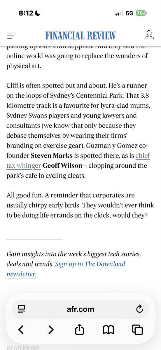 GeoffWilsonWAM's tweet photo. Thanks @MarkDiStef for the free branding in today’s @FinancialReview column. “Chief tax whinger” has a nice ring to it. Next time you’re out at Centennial Park, look for the bloke in @WilsonAssetMgmt kit and cycling cleats. Happy to buy you a coffee and explain the difference between actual tax reform and the current mess created by your buddies @AlboMP & @JEChalmers . As you know it’s economic vandalism. .#ScrapTheCGTHeist #JoinWARonCGT