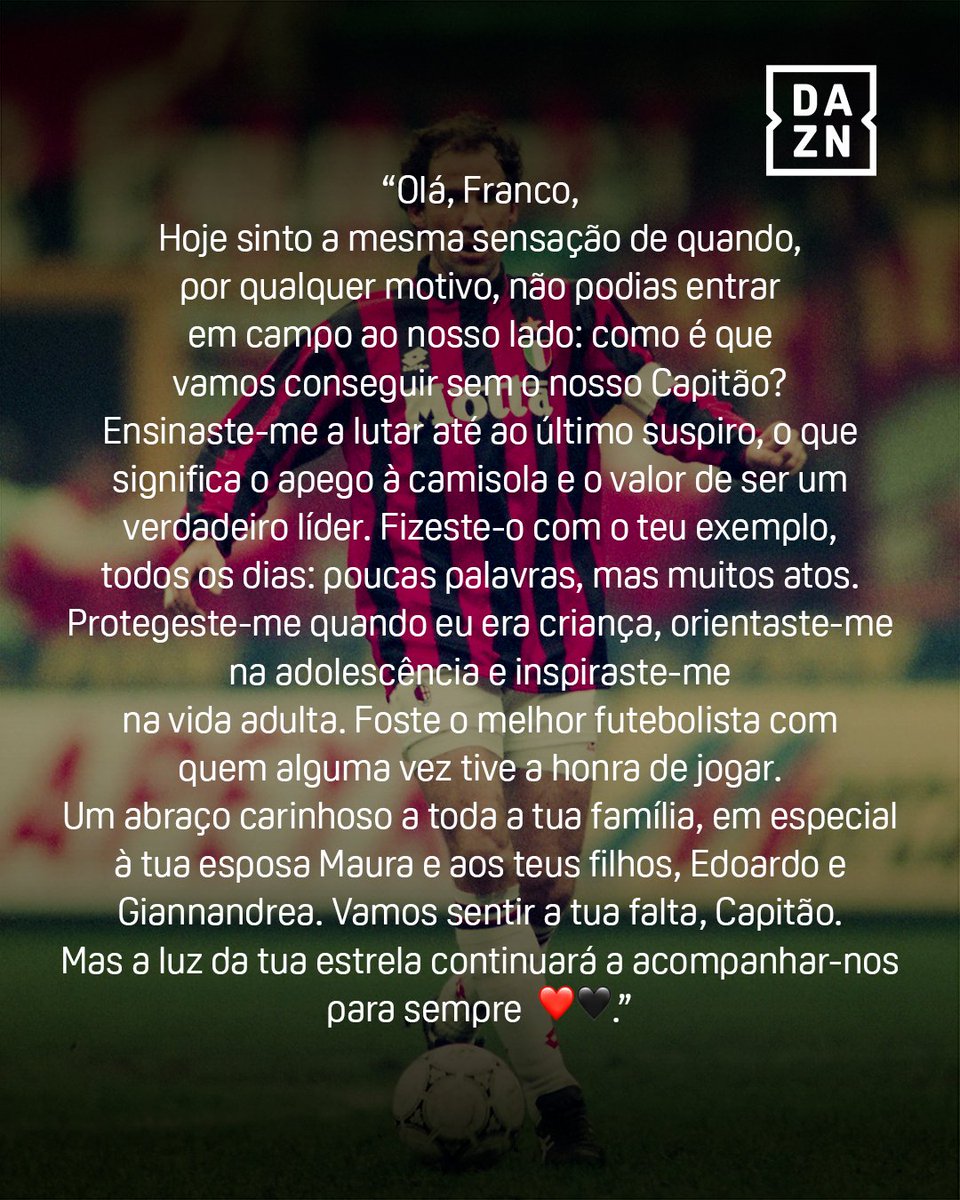 DAZNPortugal's tweet photo. Paolo Maldini despediu-se de Franco Baresi... e a mensagem que deixou diz tudo sobre o antigo craque do AC Milan  ❤️🖤 https://t.co/e9j081kbMn