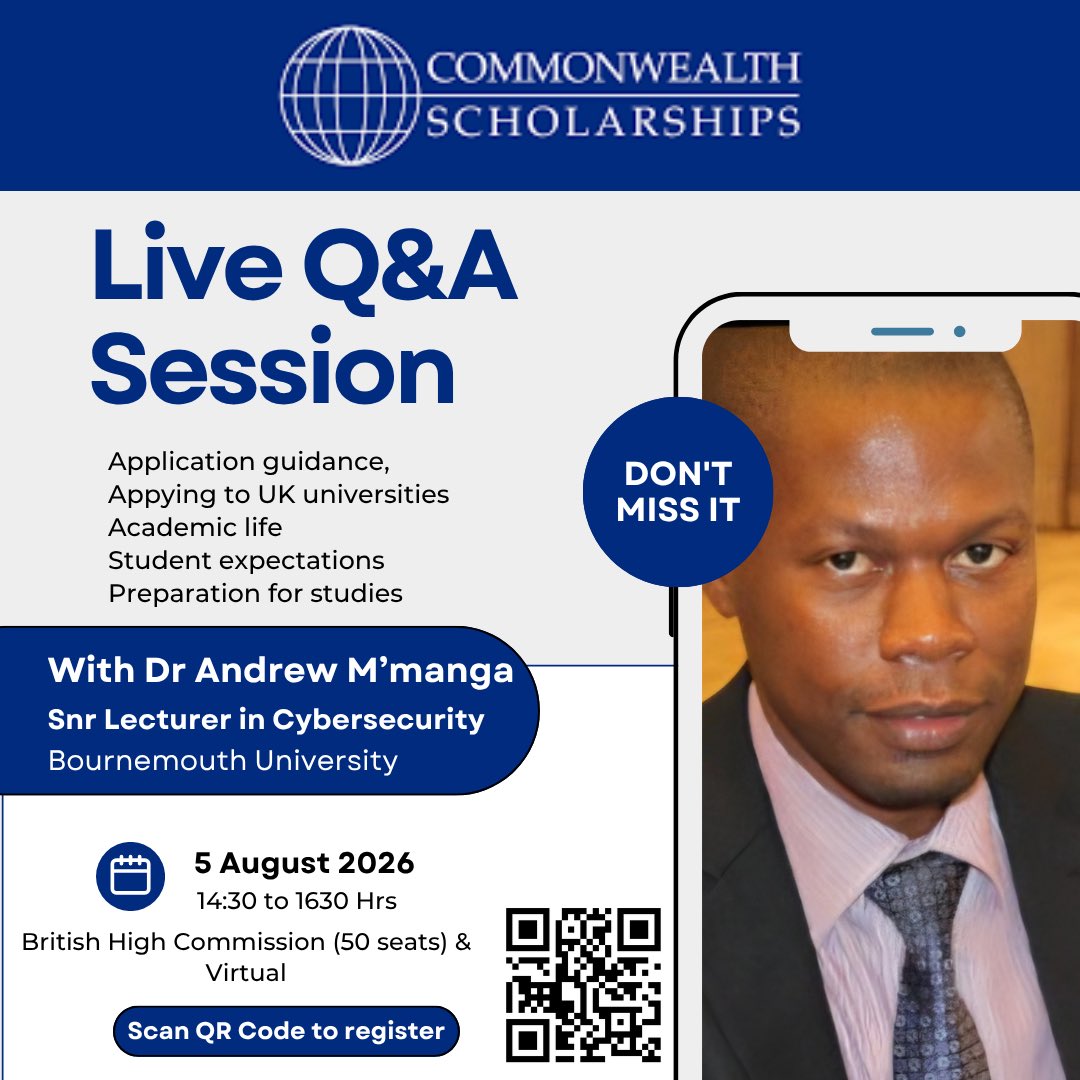 UKinMalawi's tweet photo. 🎓 Dreaming of studying in the UK? 

Join Dr Andrew M'manga (Bournemouth University) for a live Q&amp;A on Commonwealth Scholarships

5 Aug, 14:30-16:30, British High Commission, Lilongwe . 

Only 50 spots for physical attendees! 

Book now &amp; choose in-person or virtual. Scan QR Code https://t.co/S4G1KEoMpK