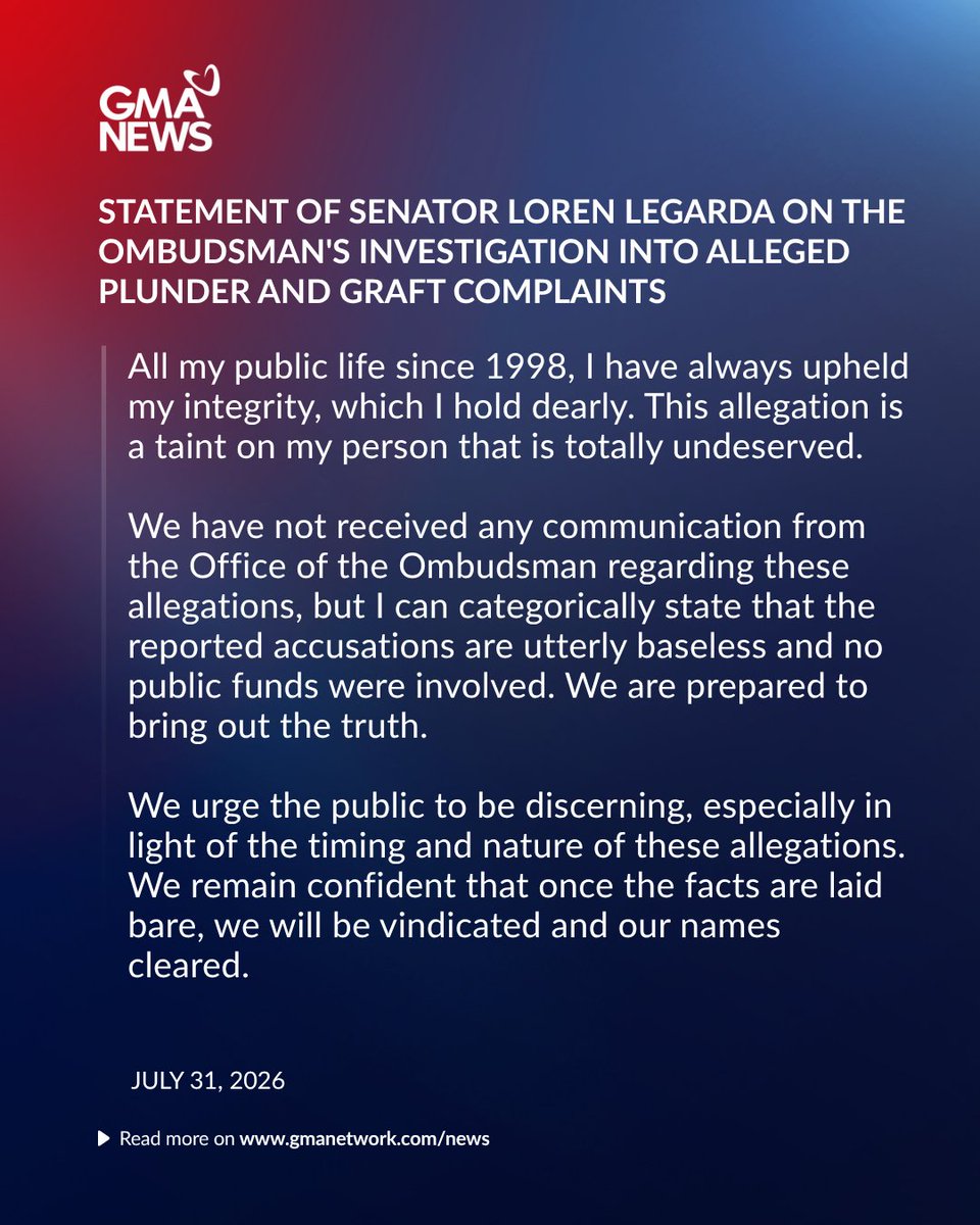 gmanews's tweet photo. READ: Senator Loren Legarda released a statement after the Office of the Ombudsman initiated a preliminary investigation into complaints of alleged plunder, graft, and conflict of interest involving P10 billion solar projects against her and her son, Rep. Leandro Leviste, and former Energy Secretary Alfonso Cusi. | via Llanesca Panti/GMA News
Visit https://t.co/KqDTBMbm15 for more updates.