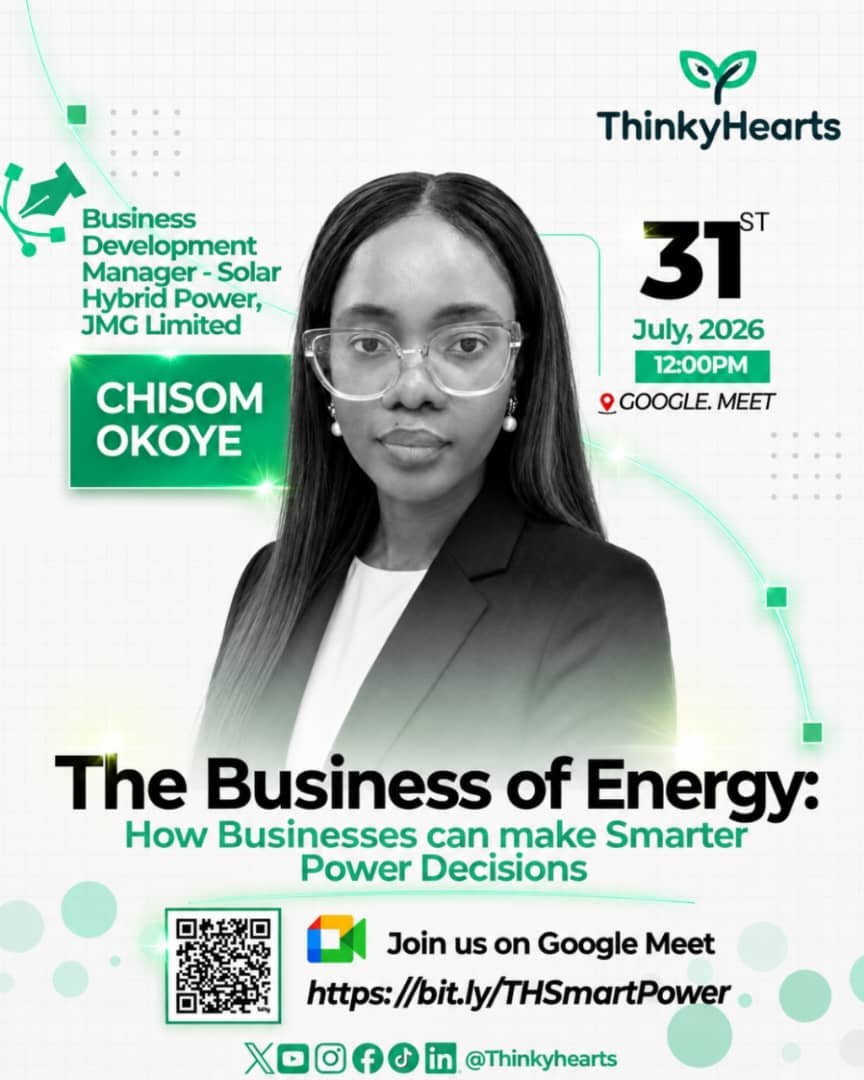 ThinkyHearts's tweet photo. We're live today!

The Business of Energy:
How Businesses can make Smarter Power Decisions

Speaker:
Chisom Okoye

12:00 PM (WAT)

Join us:
https://t.co/t7GRHEehtx

#ThinkyHearts #Energy #Solar #Business https://t.co/m7wTqR4h22