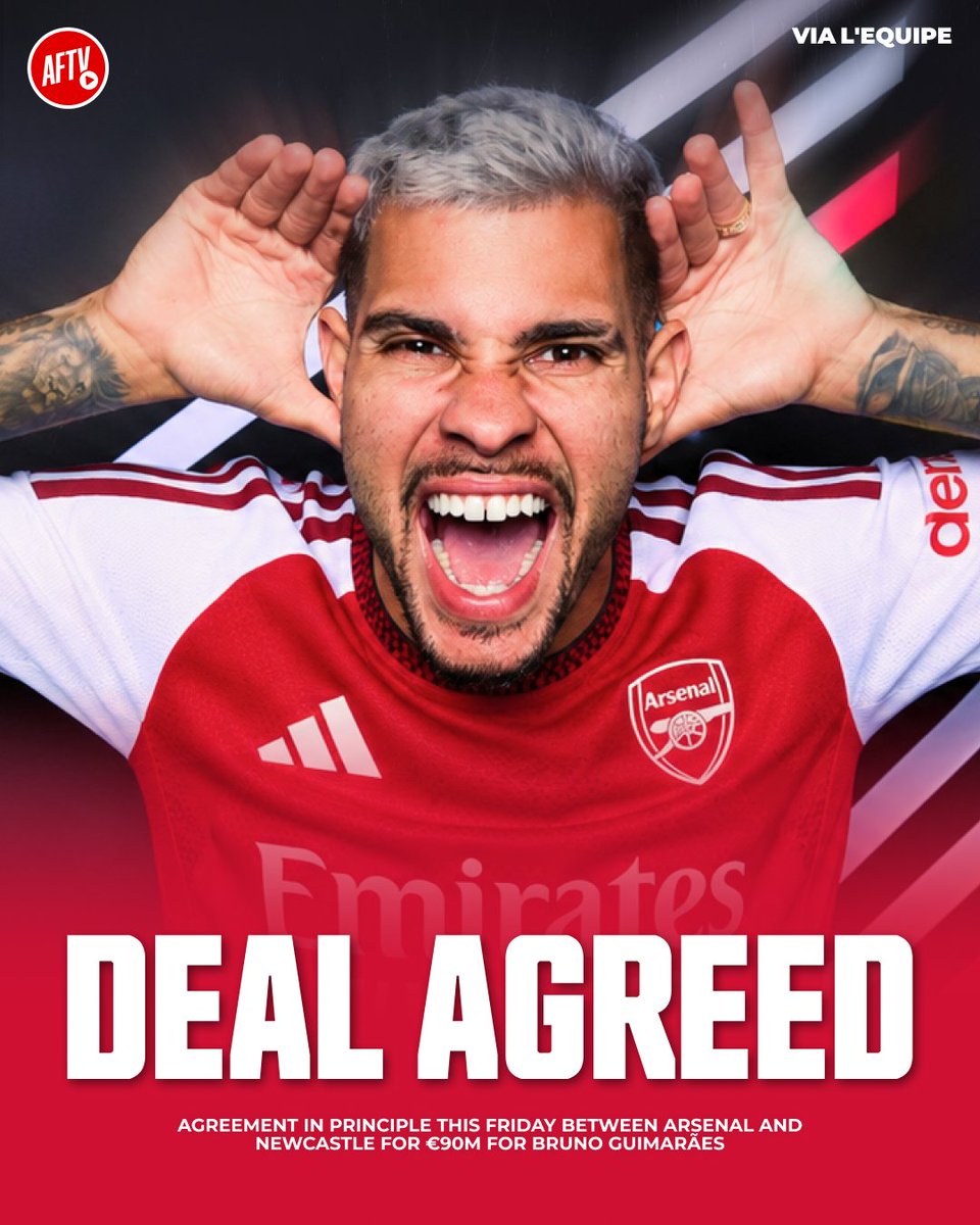 AFTVMedia's tweet photo. 🚨 BREAKING: Arsenal and Newcastle have reached an agreement in principle worth €90M for Bruno Guimarães this Friday! 💰

Arsenal are now working quickly to finalise the remaining details over the coming days, with hopes of having their new midfielder join the squad in Dublin next week. ✈️🇮🇪