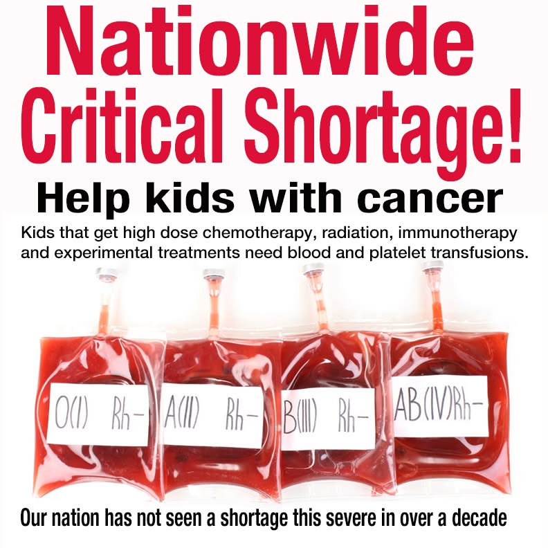 JoeBaber1's tweet photo. Have you seen the news? This is the worst situation in over a decade!  We have Critical Blood Shortages across the nation!  Supplies could not be getting any lower! YOU can make a difference! The Red Cross advises that if every donation center could get only 3 more donors to give blood, they could correct  this crisis. Please take time to make a donation, each unit of blood provides 3 units of platelets which are critical for chemotherapy patients, young or old. Kids need lots of blood to fight #ChildhoodCancer. You would be amazed at how much blood is needed each day! Find a location near you: https://t.co/WoXBujlsQU