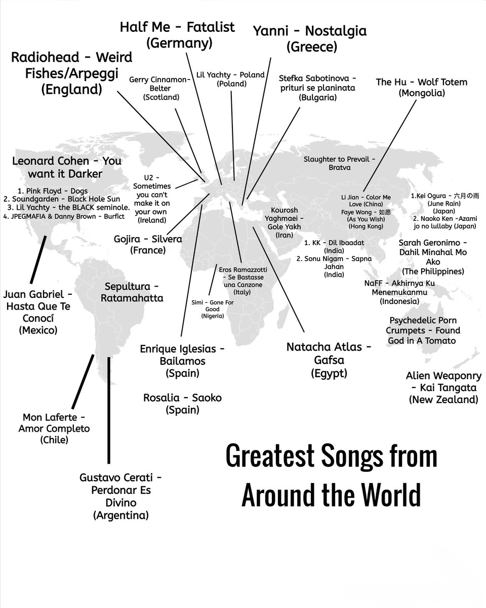 Globalstats11's tweet photo. Fun Map: Greatest Songs from Around the World 🎵 https://t.co/Rl2ygQVY35