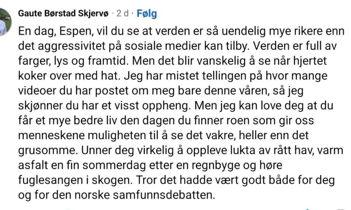 JarlWaage's tweet photo. Dette innlegget frå Gaute Børstad Skjervø til @espenteigen er så fint. https://t.co/CgTR0hQy0g