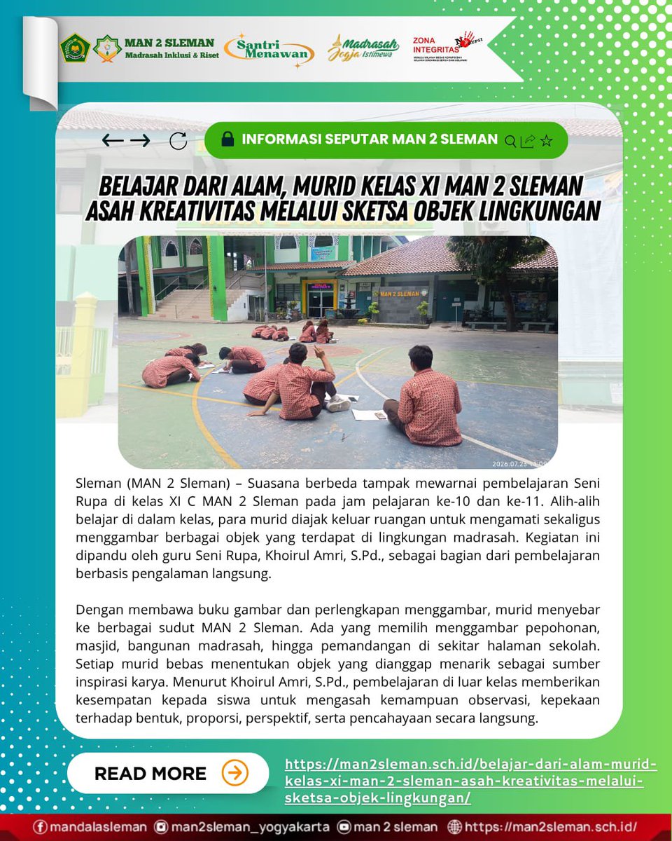 MAN2Sleman2's tweet photo. 📰Belajar dari Alam, Murid Kelas XI MAN 2 Sleman Asah Kreativitas Melalui Sketsa Objek Lingkungan✨

Baca berita selengkapnya di https://t.co/RKcGj0p5fZ
#BeritaMAN2Sleman https://t.co/87WlXtXeLg