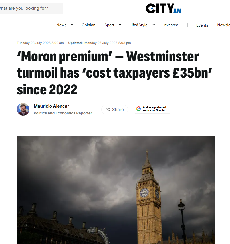 CutMyTaxUK's tweet photo. Researchers at Allianz, one of the world's largest insurance companies, have found that found that the UK government continues to pay a “distinct political premium” - more broadly known as the 'Moron Premium' - due to constant uncertainty over tax & spending decisions.

Allianz estimates the cost of our Moron Premium over four years at £35 billion. Debt interest costs are running at about £110 billion this year, twice the size of the defence budget & close to the amount spent on education.

Andy Burnham has so far done a good job of expanding the size of the Moron Premium.