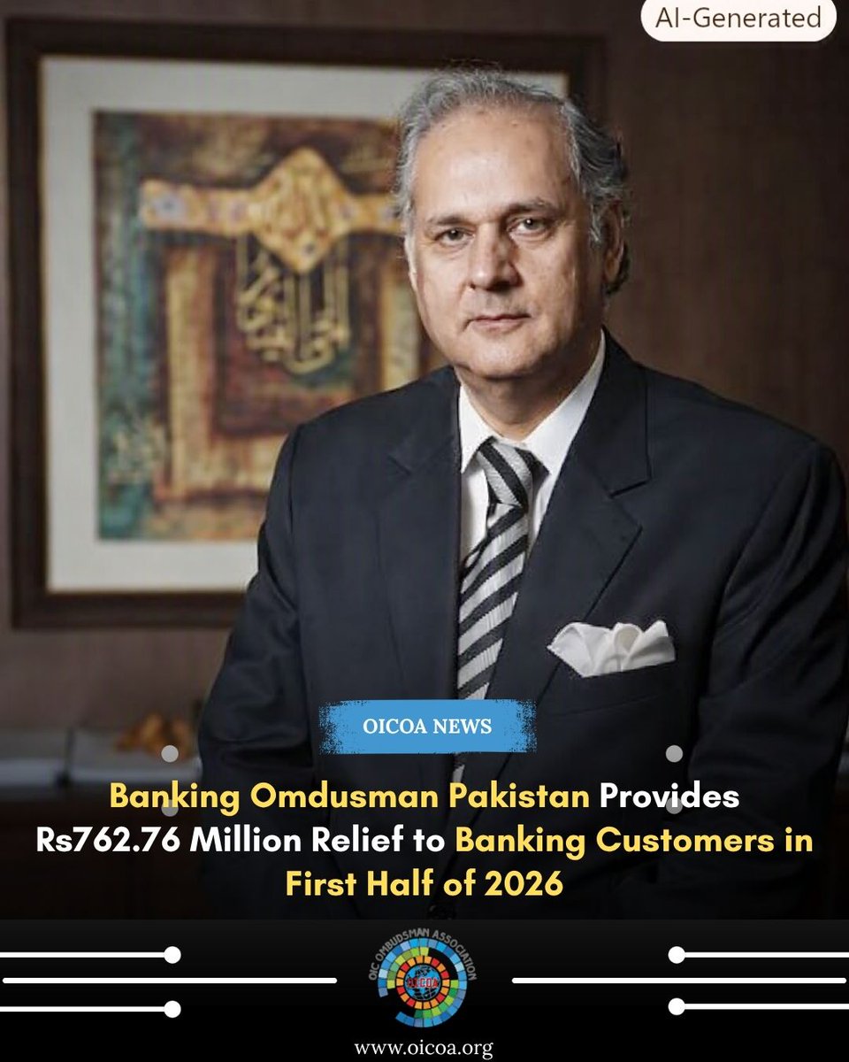 oicoaorg's tweet photo. The Banking  Ombudsman Pakistan (BMP) has provided significant financial relief to  banking customers during the first half of 2026, reaffirming its  commitment to protecting consumer rights and promoting accountability  within the banking sector.

#oicoa #bankingombudsman #BMP https://t.co/MuoeWWvMDR