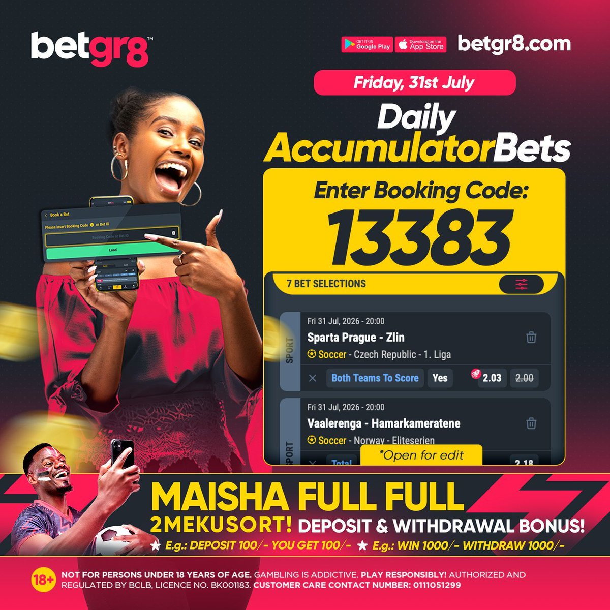 betgr8ke's tweet photo. FRIDAY'S Accumulator Bets is LIVE!
Your WINNING slip is ready to go!
Enter Booking Code: ππππππ
π² https://t.co/mffXvUkszw
β½ Handpicked matches
π₯ Great ODDS!
π° 100% on all deposits and winnings!
Be Great, Bet Great!
18+ | #Betgr8 #BookingCode #BoostedOdds https://t.co/wNNzXdoVC3