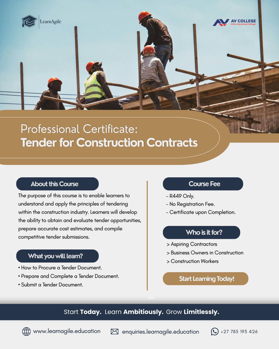 LearnAgile_'s tweet photo. Ready to take on construction contracts? 🏗️

Get the Professional Certificate: Tender for Construction Contracts with LearnAgile.
Only R449!

 Start Course now:  https://t.co/HHrFJ38146

#LearnAgile #AVCollege #ConstructionContracts  #SkillsDevelopment #onlinelearning https://t.co/2Hda7JZS8K