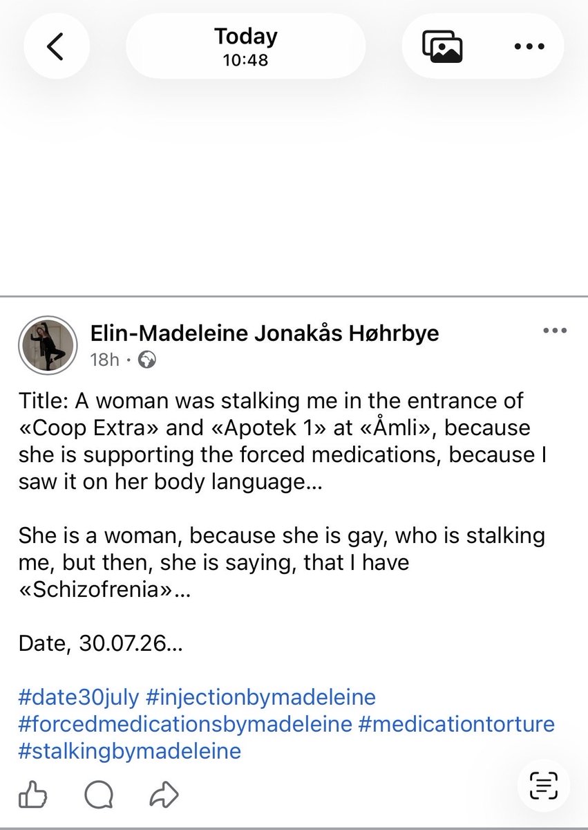 EHrbye55637's tweet photo. Title: How do I understand, that they were stalking me, because they are supporting the forced medications..? 

I understood that the person at «Åmli» was doing this, because her body language was angry and targeted… I understood that the person at «Nelaug» was doing this, because her body language was horny and targeted… In addition, they were both women and gay… In addition, the last woman was a function of the fact, that I made a post about the first woman, while it is how the criminal system functions, that you are rewarded by meeting me or contacting me based on the further you take your crime… Therefore, that is proving, that they are supporting the forced medications… However, it is many people without a visible stalking body language, but who are still stalking me… That is either by trying to contanct me or by trying to meet me… Or that is by actually doing that, but some people can be moles, because the situation is more controlled than you think…

Date, 31.07.26…

#31july26 #date31july #31julybymadeleine #nelaug #madeleineatnelaug #psychiatry #psychiatrybymadeleine #injection #injectionbymadeleine #stalking #stalkingbymadeleine #bodylanguage #bodylanguagebymadeleine