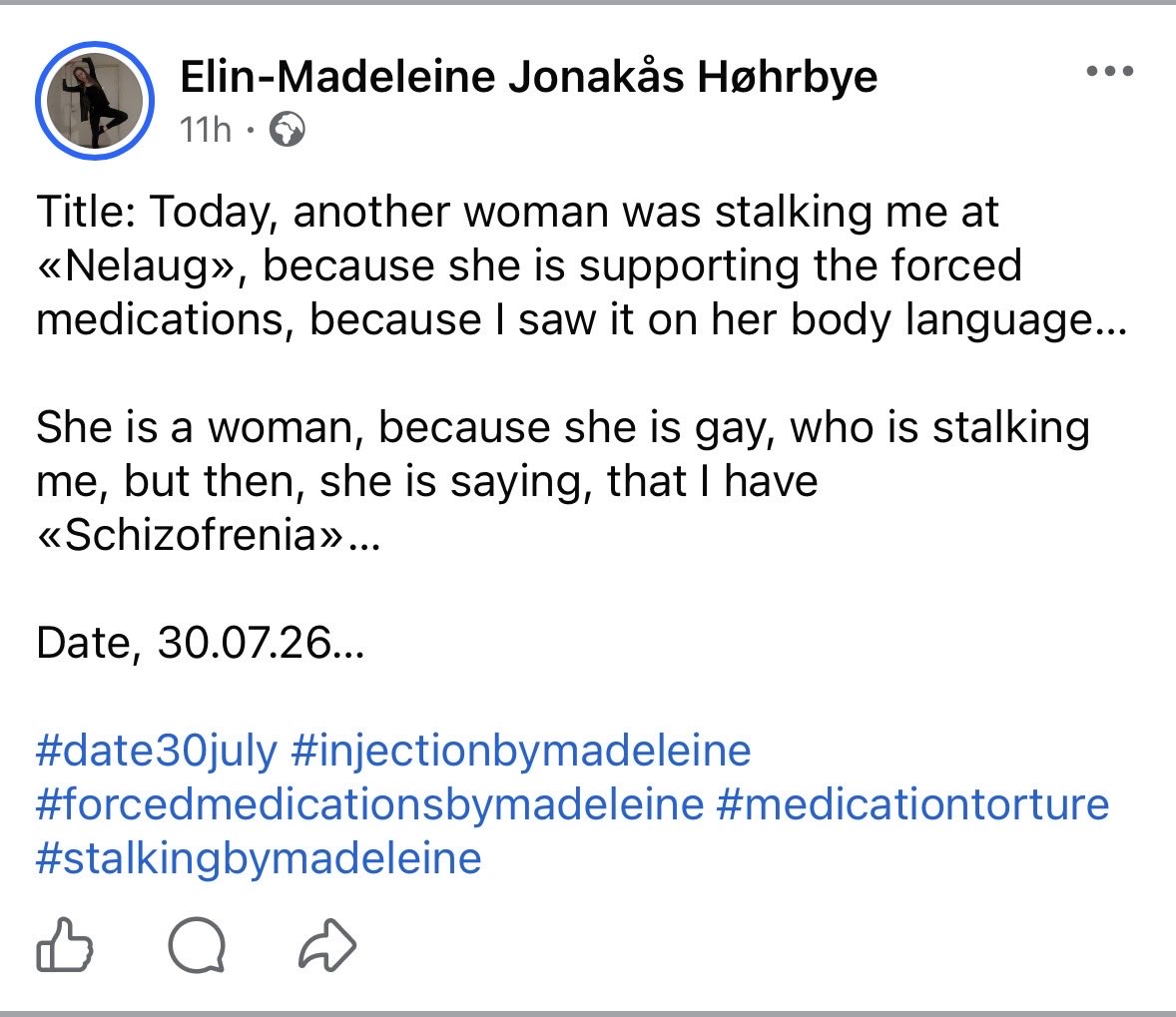 EHrbye55637's tweet photo. Title: How do I understand, that they were stalking me, because they are supporting the forced medications..? 

I understood that the person at «Åmli» was doing this, because her body language was angry and targeted… I understood that the person at «Nelaug» was doing this, because her body language was horny and targeted… In addition, they were both women and gay… In addition, the last woman was a function of the fact, that I made a post about the first woman, while it is how the criminal system functions, that you are rewarded by meeting me or contacting me based on the further you take your crime… Therefore, that is proving, that they are supporting the forced medications… However, it is many people without a visible stalking body language, but who are still stalking me… That is either by trying to contanct me or by trying to meet me… Or that is by actually doing that, but some people can be moles, because the situation is more controlled than you think…

Date, 31.07.26…

#31july26 #date31july #31julybymadeleine #nelaug #madeleineatnelaug #psychiatry #psychiatrybymadeleine #injection #injectionbymadeleine #stalking #stalkingbymadeleine #bodylanguage #bodylanguagebymadeleine