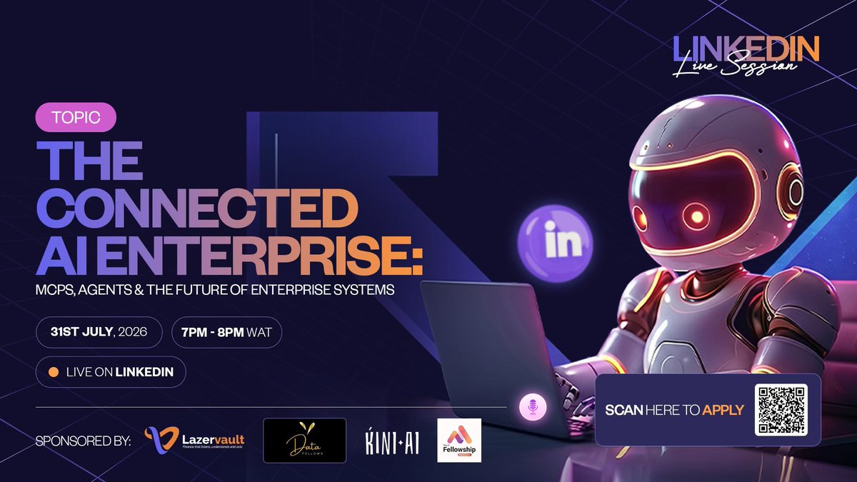 Lazervault_app's tweet photo. The next generation of businesses won’t just use AI. They’ll be powered by AI agents that can understand, decide, connect, and act. 🤖

Discover how MCPs, AI Agents, and connected enterprise systems are transforming how businesses operate and reshaping the future of work.

📅 31 July 2026
🕖 7:00 PM to 8:00 PM (WAT)
📍 Live on LinkedIn

Proudly sponsored by Lazervault, Data Fellows, Kini AI, and The AI Fellowship.

🎟️ Register for FREE:
https://t.co/sDVkADBQP4

#ArtificialIntelligence #EnterpriseAI #MCP #AIAgents #Automation #DigitalTransformation #LinkedInLive #Lazervault #DataFellows #KINIAI #FutureOfWork