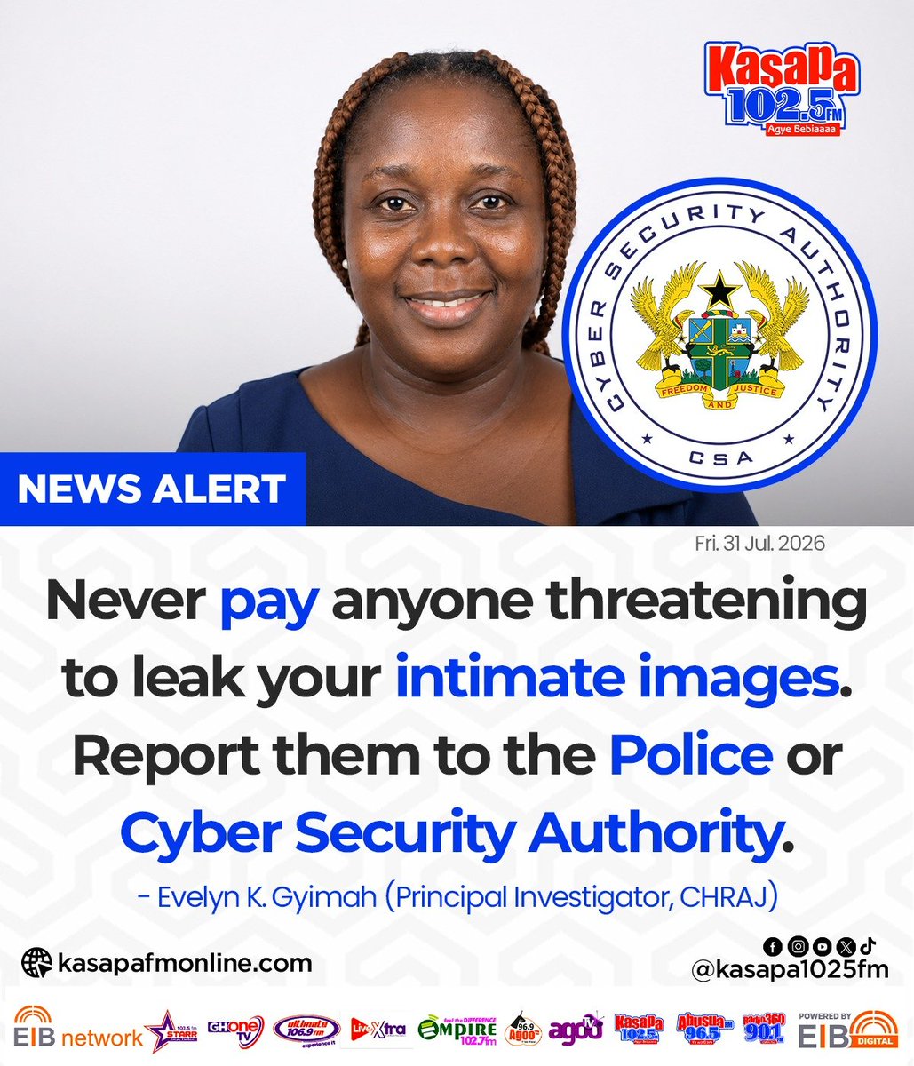 ghonetv's tweet photo. Never pay anyone threatening to leak your intimate images. Report them to the Police or Cyber Security Authority... - Evelyn K. Gyimah (Principal Investigator, CHRAJ)

#KasapaFM
#GHOneNews #EIBNetwork
#GHOneTV #NewsAlert https://t.co/fRAONjDIUW