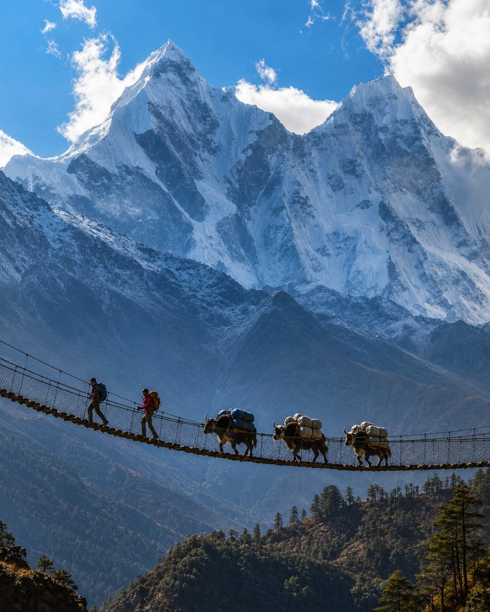 geobiolife's tweet photo. Crossing the Himalayas with Yak Caravans.
           Step by step across a suspension bridge, surrounded by towering Himalayan peaks and the timeless journey of pack yaks. This is where adventure, nature, and mountain life come together.
#Himalayas #NepalTrekking #YakCaravan https://t.co/PND1WTRO9w