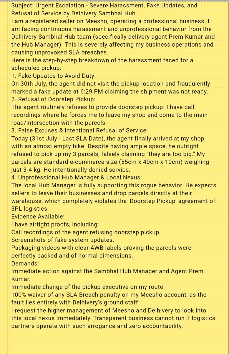 Abdullahch52769's tweet photo. @Meesho_Support @DelhiveryCares
Urgent! Delhivery Sambhal Hub agent (Prem Kumar) is harassing me &amp; causing SLA breach.
​Fake pickup update on 30 July.
​Today (last SLA), he came but REFUSED to pick 3 normal parcels (55x40x10cm) lying "they're big" despite an empty bike. https://t.co/iTWAyk5A8g