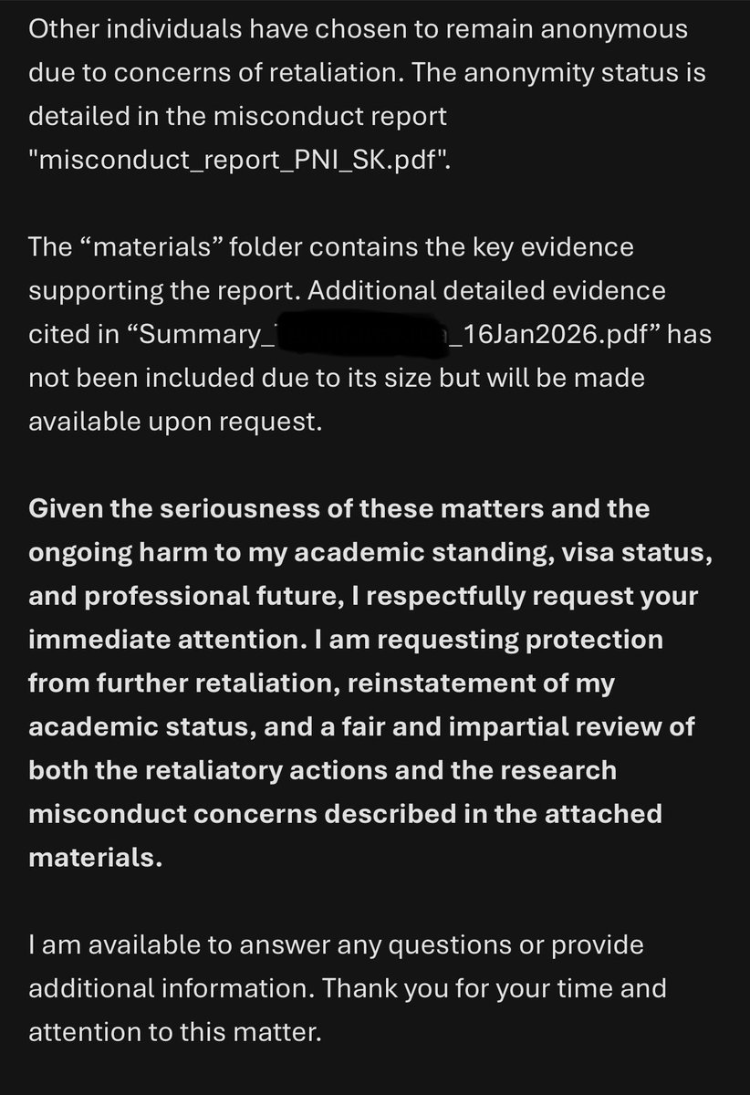 PSa_Cheng's tweet photo. Alleged research misconduct by Sabine Kastner, and silencing whistleblowers by the psychology department at Princeton Univeristy. 

Multiple former members of the Kastner Lab at Princeton University, including former postdocs and graduate students, have formally reported research misconduct by Professor Sabine Kastner, including alleged data falsification spanning over 20 years.

They describe a culture where people feared speaking up. Some remained anonymous because they feared retaliation.

My own experience: after I raised concerns, I was removed from Kastner lab. I was explicitly told by the psychology department leadership that this happened because I raised concerns anonymously: they told me “you questioned her integrity. PNI is a community. You attack one of us, you attack all of us.” 
Afterward, I could not secure a new adviser and my PhD enrollment was terminated through the “no active adviser” rule.

Many affected trainees were international students. Losing an adviser means losing visa status, and international relocation, creating enormous pressure not to report concerns. This is exactly why Kastner lab recruits a disproportionately high number of international trainees. And why the lab website has most former members erased. 

The research involved is supported by active NIH grants of over $20m. Involved publications include papers in Science, Nature Neuroscience, and Neuron.

The departmental leadership has been complicit, by helping remove students who raised concerns instead of protecting them.

Over the coming weeks, I will post documents, timelines, and evidence so people can examine the facts themselves.

#ResearchIntegrity #Whistleblower #Science #NIH #HigherEducation #GraduateSchool #PhD #Retaliation #OpenScience #ResearchEthics #AcademicFreedom @ivanoransky @NIH @HHSGov