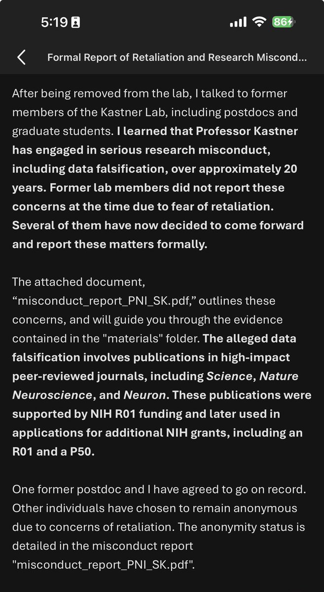 PSa_Cheng's tweet photo. Alleged research misconduct by Sabine Kastner, and silencing whistleblowers by the psychology department at Princeton Univeristy. 

Multiple former members of the Kastner Lab at Princeton University, including former postdocs and graduate students, have formally reported research misconduct by Professor Sabine Kastner, including alleged data falsification spanning over 20 years.

They describe a culture where people feared speaking up. Some remained anonymous because they feared retaliation.

My own experience: after I raised concerns, I was removed from Kastner lab. I was explicitly told by the psychology department leadership that this happened because I raised concerns anonymously: they told me “you questioned her integrity. PNI is a community. You attack one of us, you attack all of us.” 
Afterward, I could not secure a new adviser and my PhD enrollment was terminated through the “no active adviser” rule.

Many affected trainees were international students. Losing an adviser means losing visa status, and international relocation, creating enormous pressure not to report concerns. This is exactly why Kastner lab recruits a disproportionately high number of international trainees. And why the lab website has most former members erased. 

The research involved is supported by active NIH grants of over $20m. Involved publications include papers in Science, Nature Neuroscience, and Neuron.

The departmental leadership has been complicit, by helping remove students who raised concerns instead of protecting them.

Over the coming weeks, I will post documents, timelines, and evidence so people can examine the facts themselves.

#ResearchIntegrity #Whistleblower #Science #NIH #HigherEducation #GraduateSchool #PhD #Retaliation #OpenScience #ResearchEthics #AcademicFreedom @ivanoransky @NIH @HHSGov