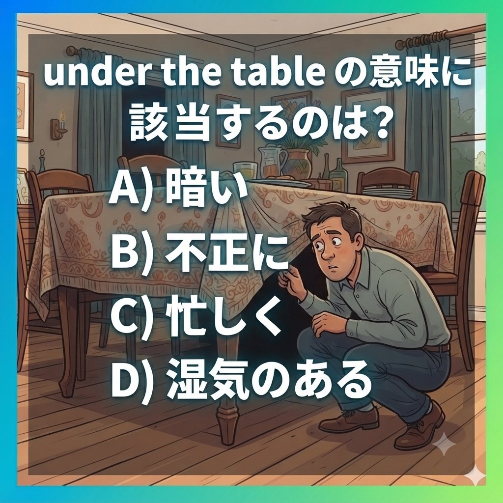 eigofan4U's tweet photo. （直訳）テーブルの下
さて、どんな意味になるか分かるかな？ https://t.co/i1PXAyposK