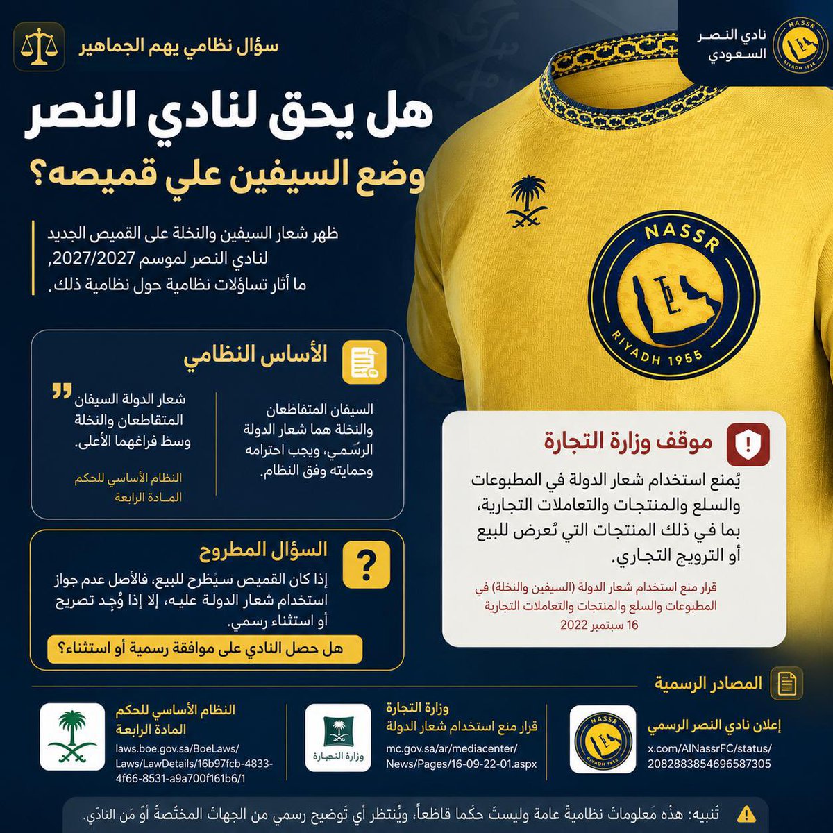 HilaliX7's tweet photo. ظهر شعار السيفين والنخلة على قميص النصر الجديد. وبحسب وزارة التجارة، يُمنع استخدام شعار الدولة في التعاملات التجارية، ومنها السلع والمنتجات. لذلك، إذا كان القميص سيُطرح للبيع، فالأصل عدم جواز استخدام الشعار عليه، إلا إذا وُجد تصريح أو استثناء رسمي. والسؤال: هل حصل النادي عليه؟ https://t.co/qtkbsJtll2